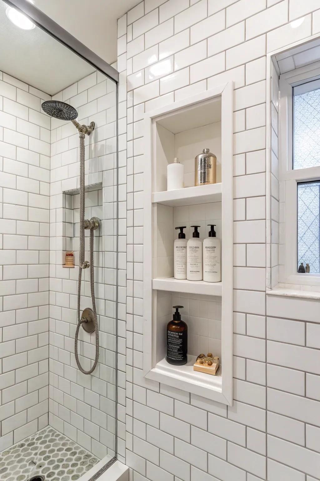 Paired niches designed to bring symmetry to any shower space.