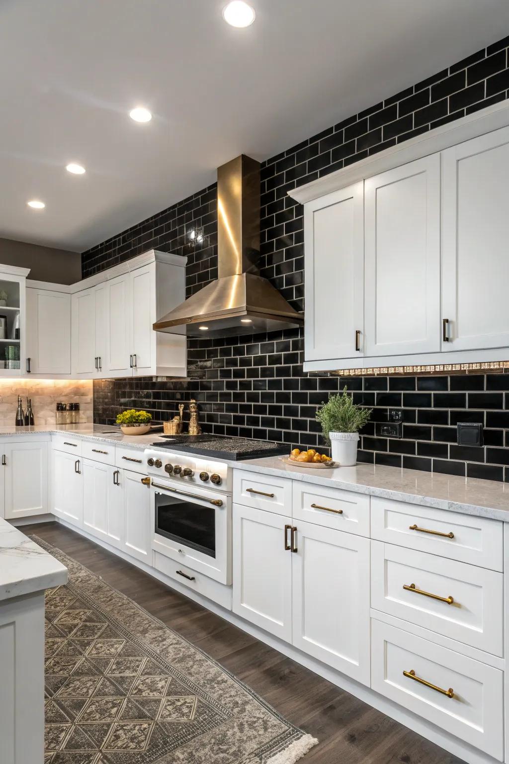 Dark rectangle coverings engender a theatrical and sophisticated ambiance within the cooking area.