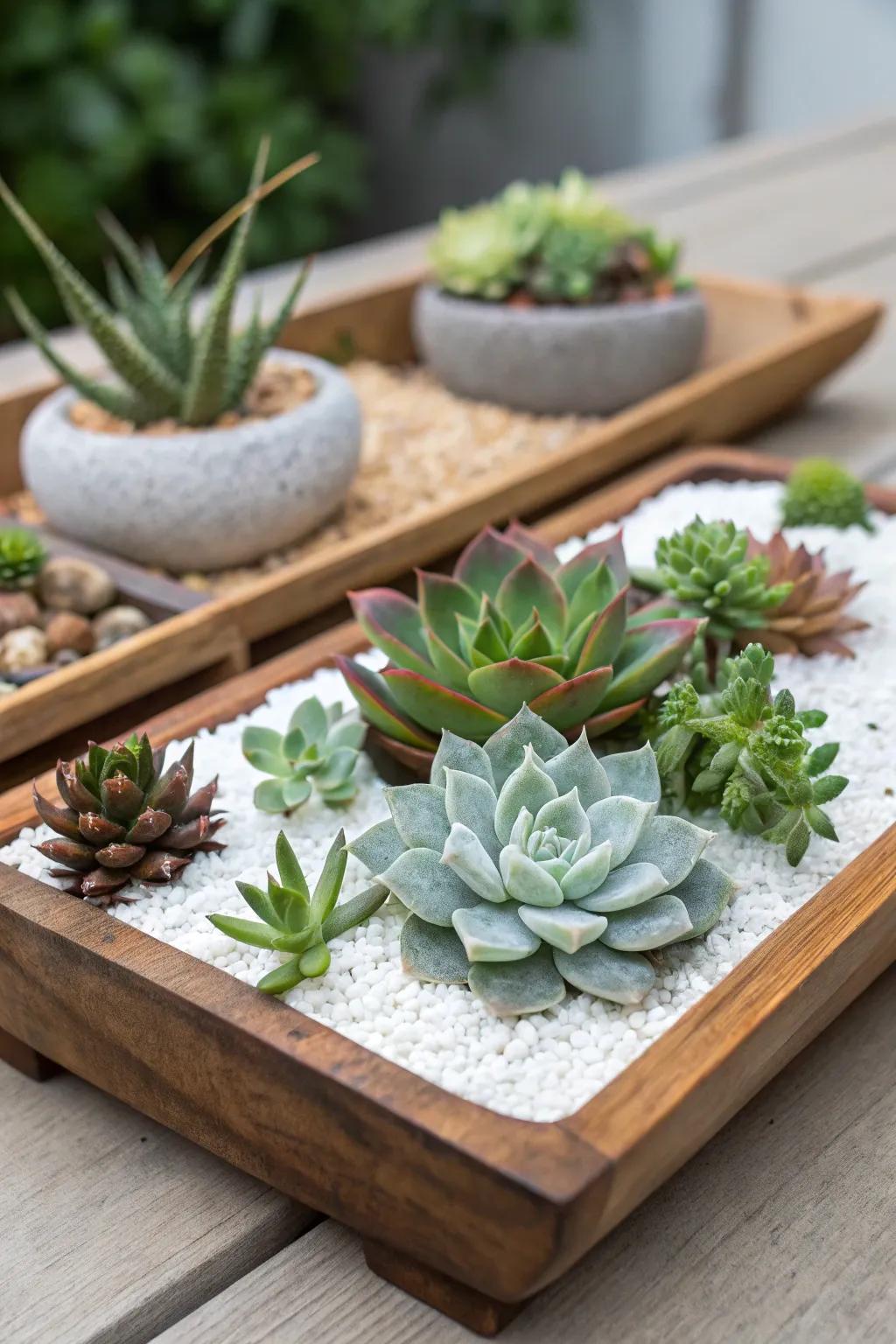 A Zen-inspired succulent garden featuring fine stones.