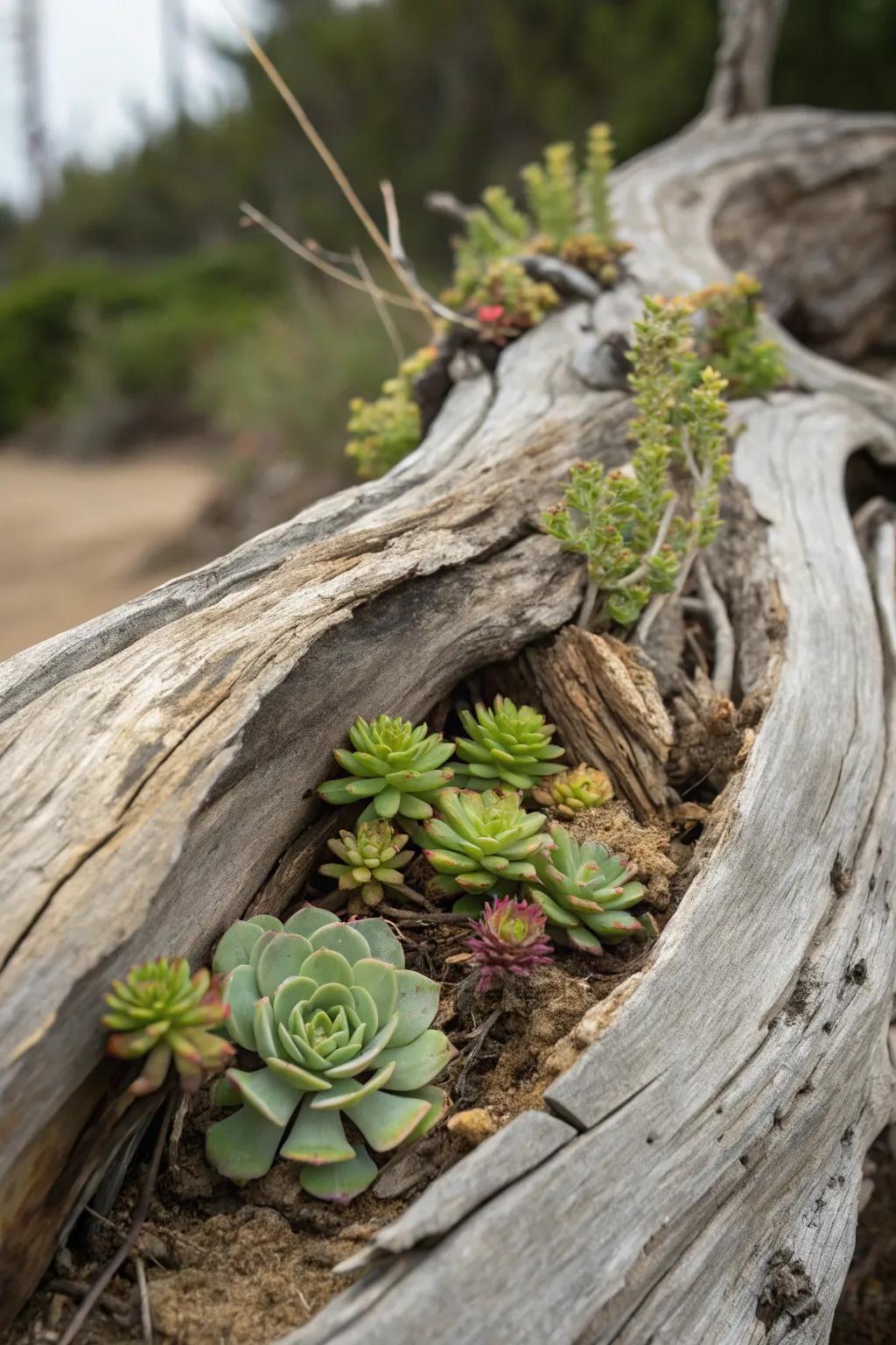 Driftwood and succulents compose a harmonious, organic presentation.