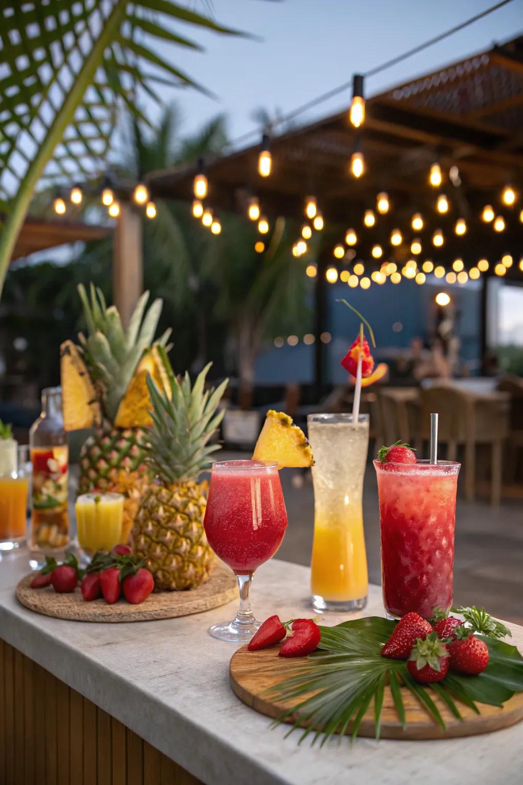 A lively tropical cocktail station for summer gatherings.