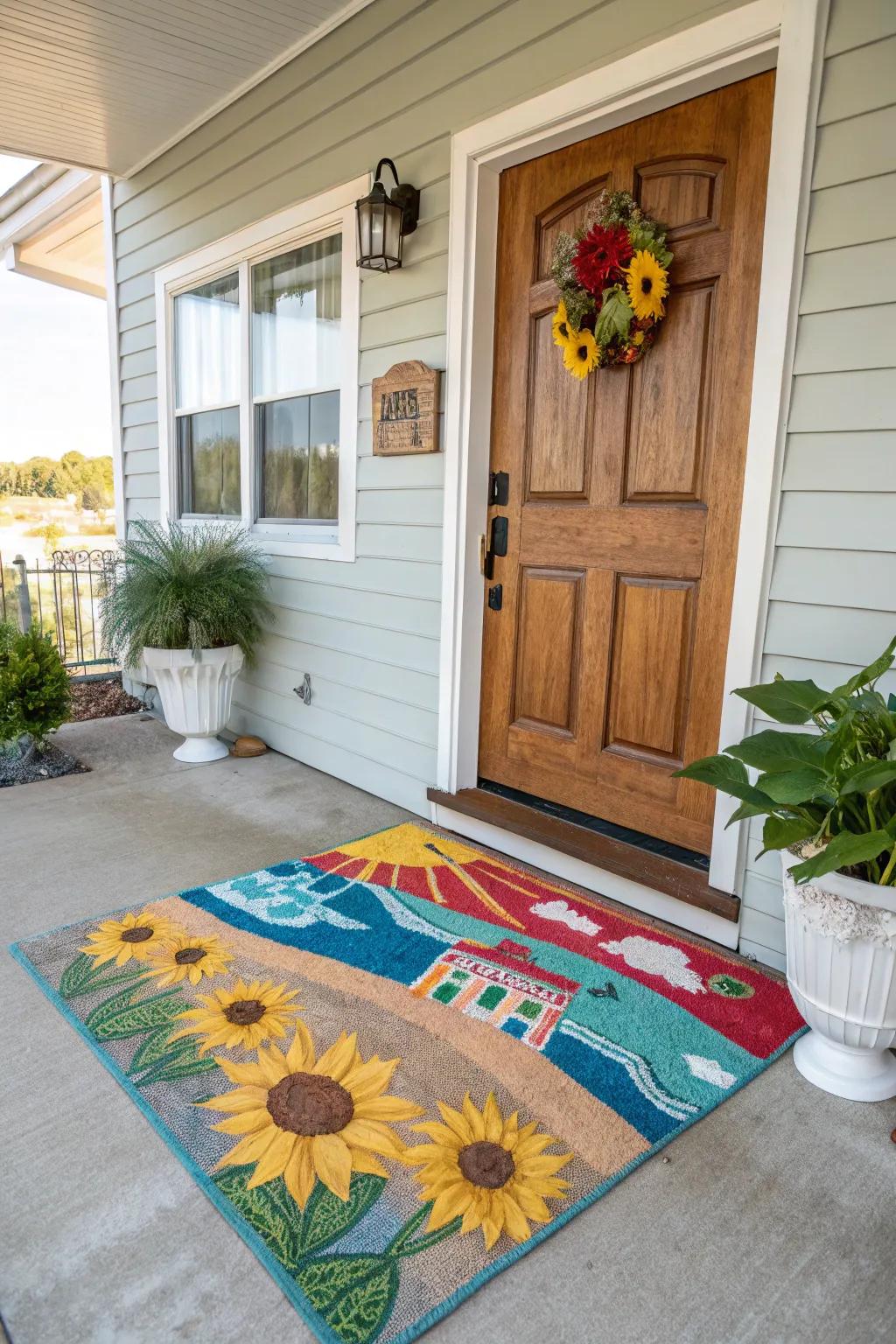 A vivid entryway mat renders a gracious primary impression.