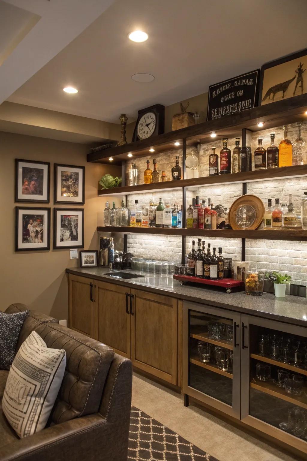 Ornamental shelving brings flair and character to this home bar setup.