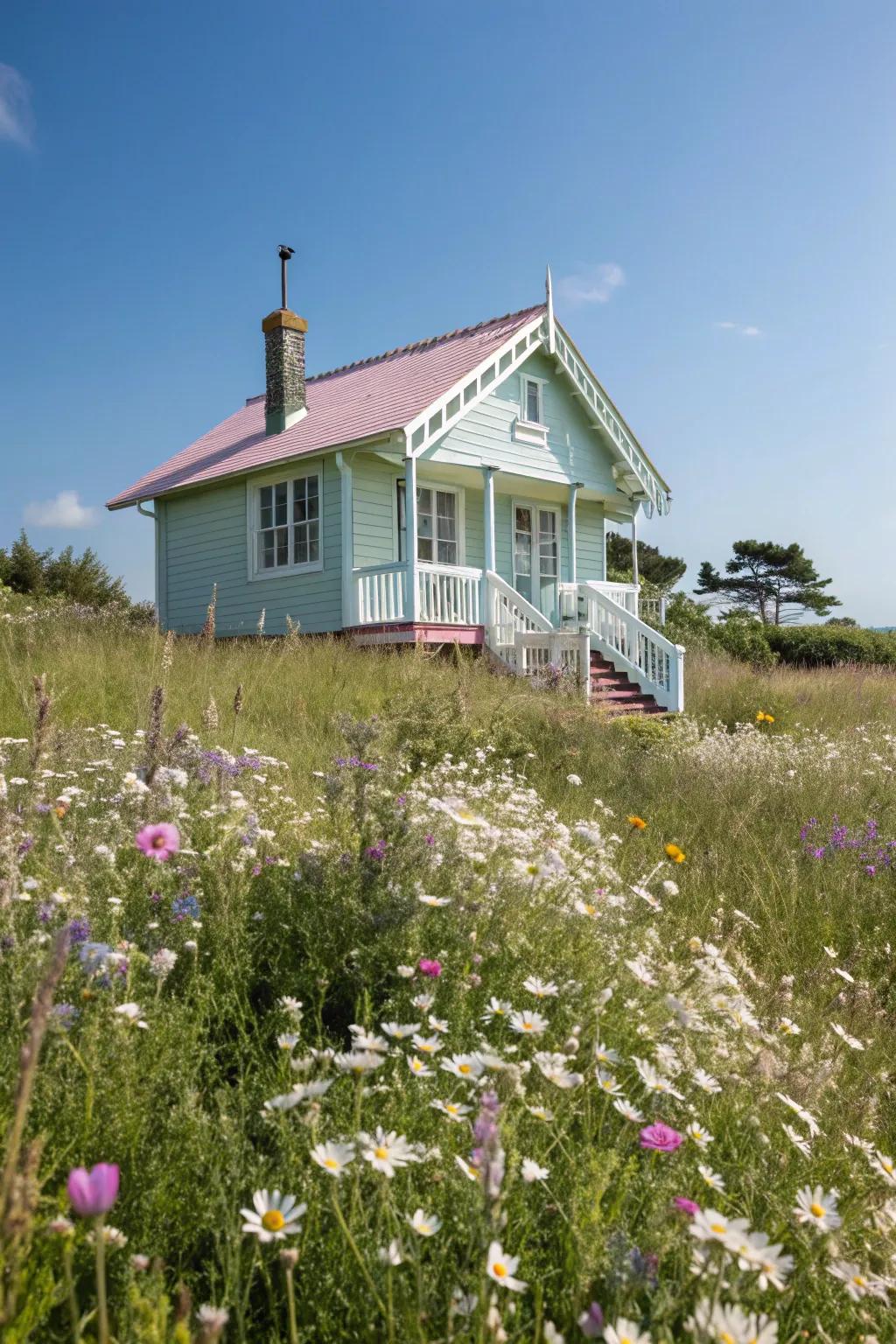 A calm summer house in delicate shades, nestled among wildflowers.
