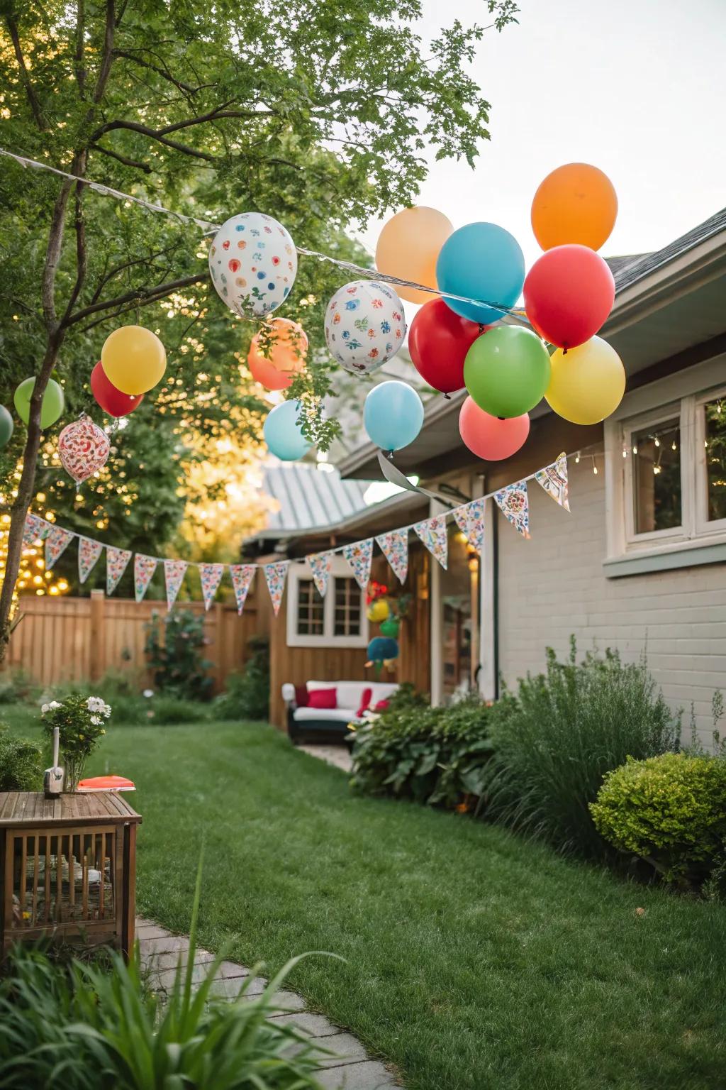 A cheerful backyard embellished with bright balloons and a delightful festive banner.