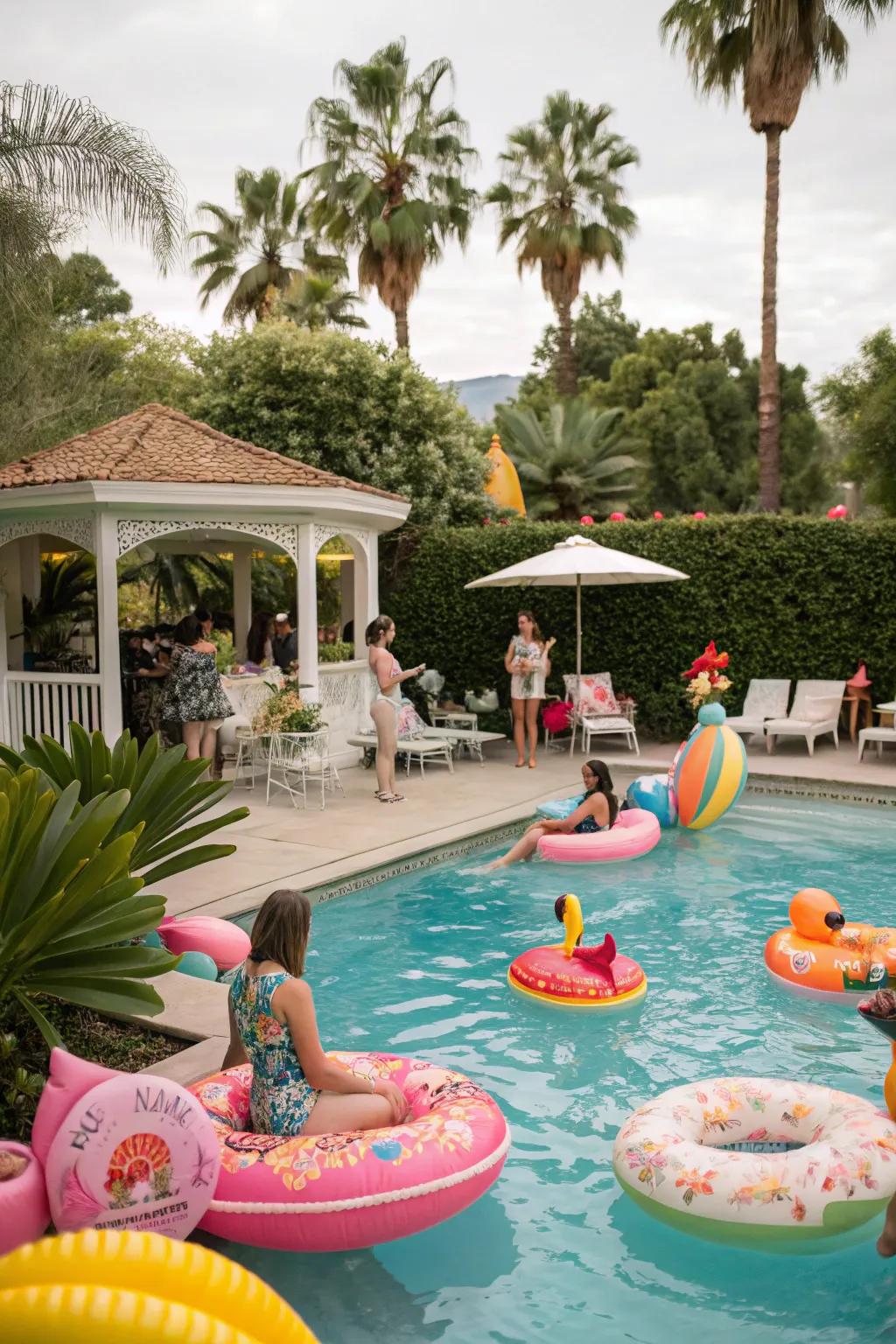 A lively retro poolside party featuring vibrant inflatables and iconic swimwear.