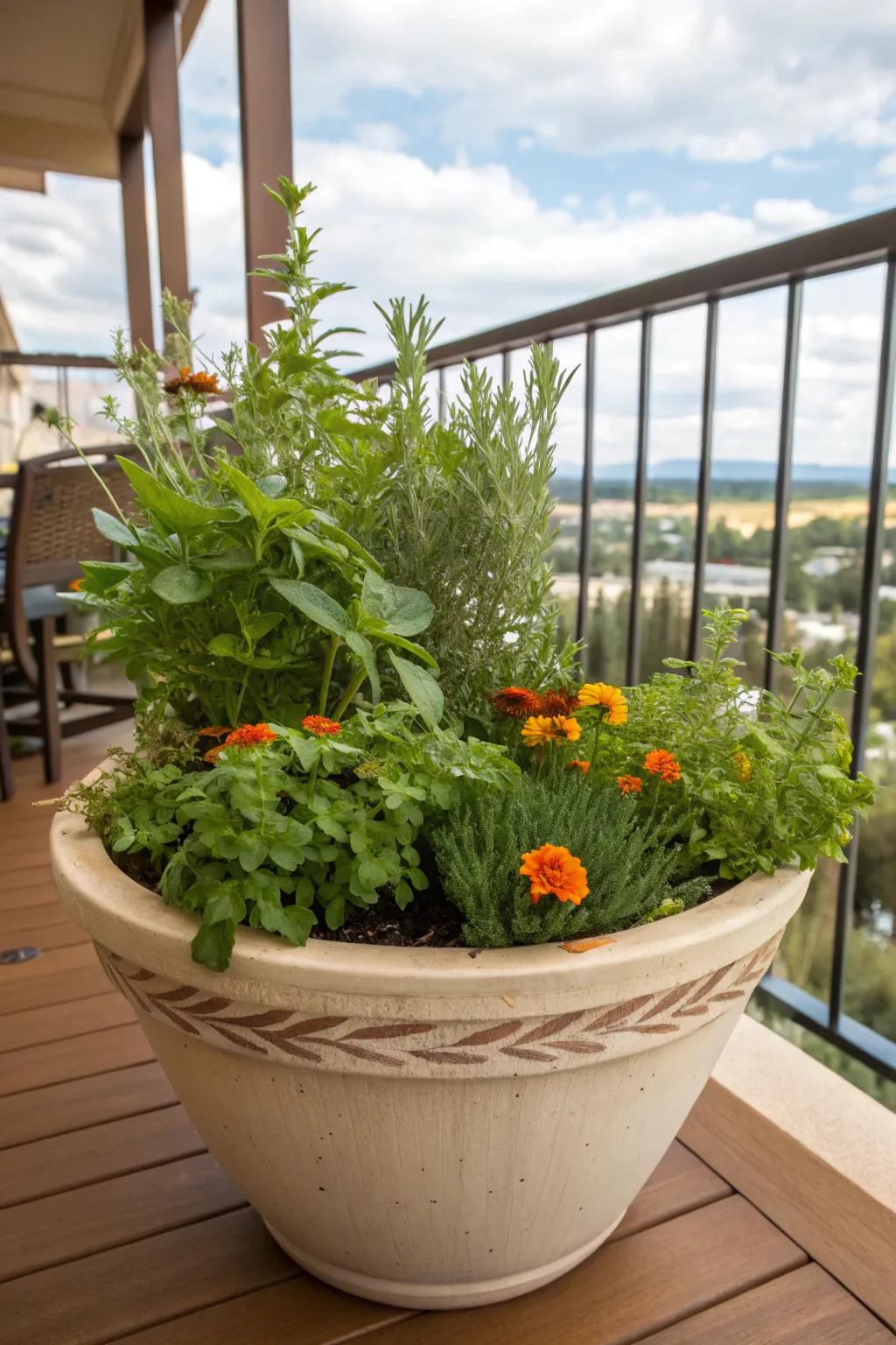 Herbs and marigolds harmoniously arranged in a ceramic pot
