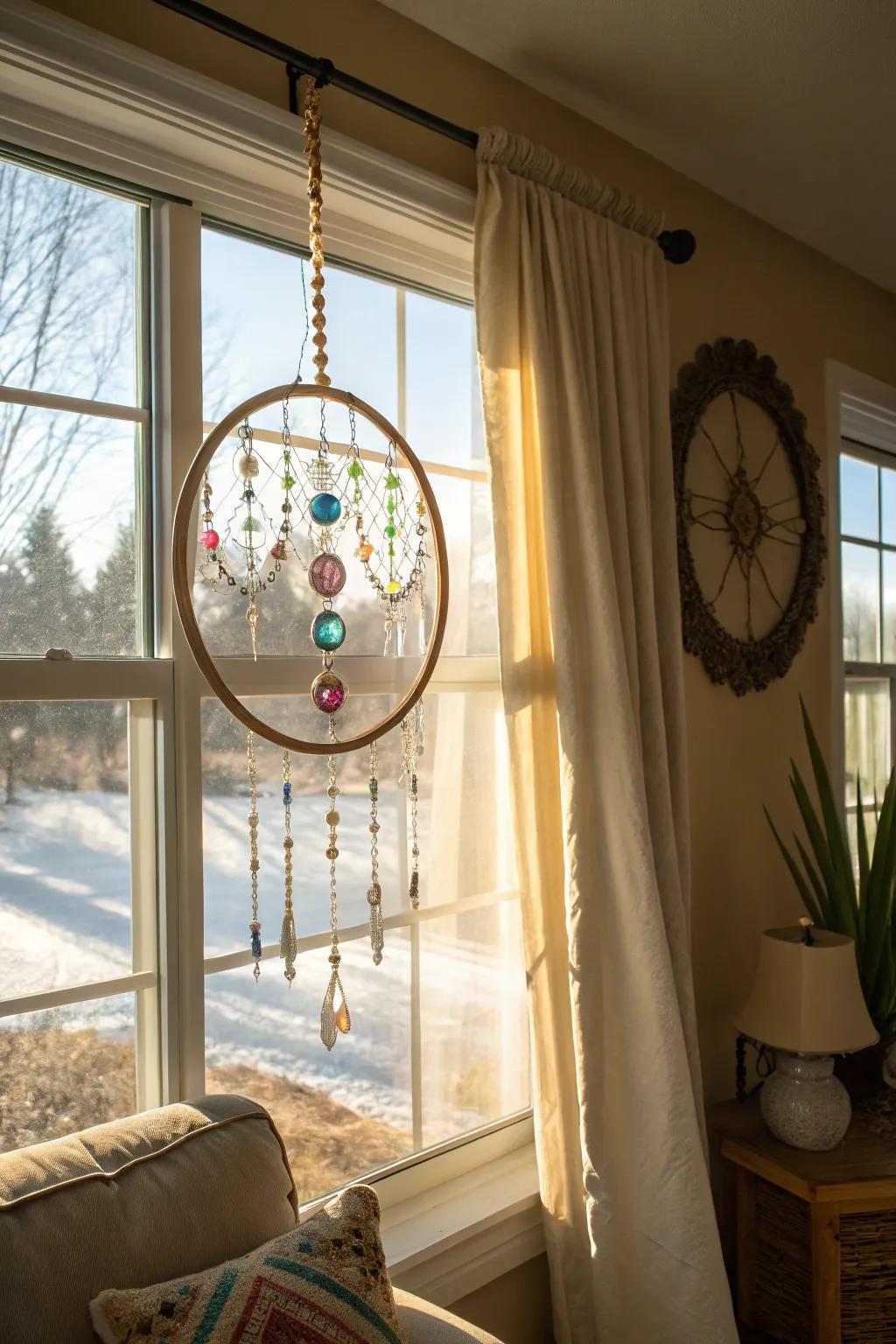 Bohemian chic is embodied in a stitched ring light catcher.