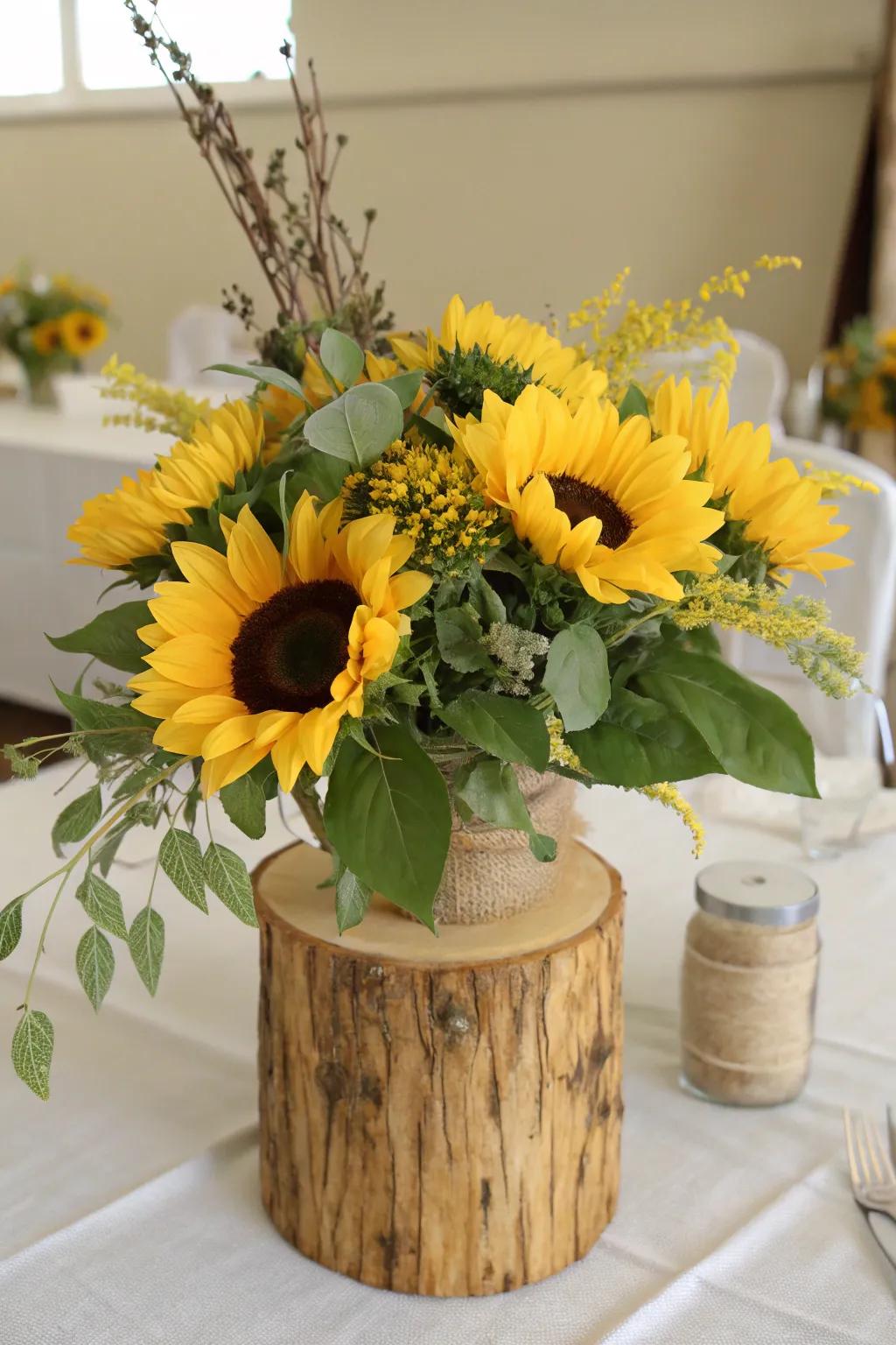 Down-to-earth daisy centerpiece with timber and flax accents.