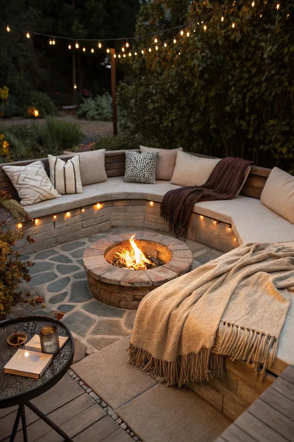 A cozy and inviting sunken fire pit nook.