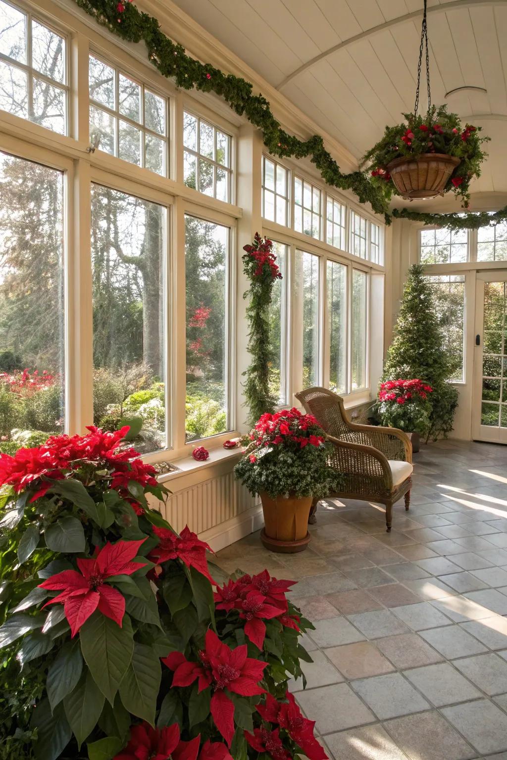 Seasonal foliage adds a natural festive element to your sunroom.