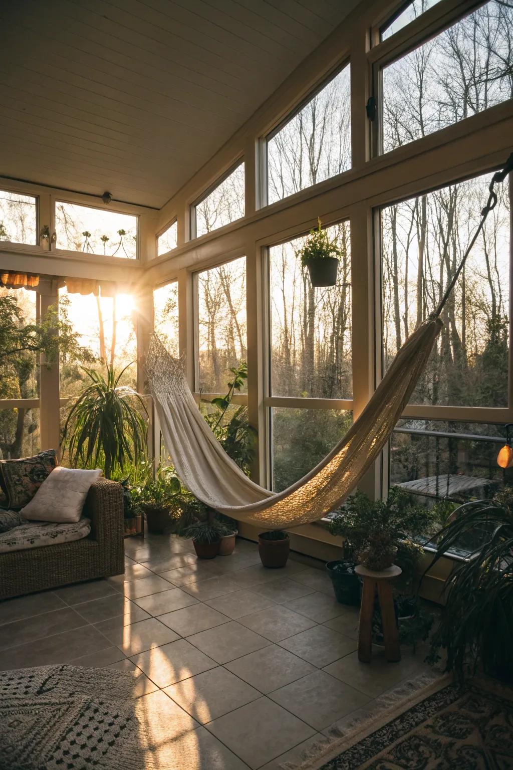 A sunroom featuring a hammock, perfect for relaxation and unwinding.