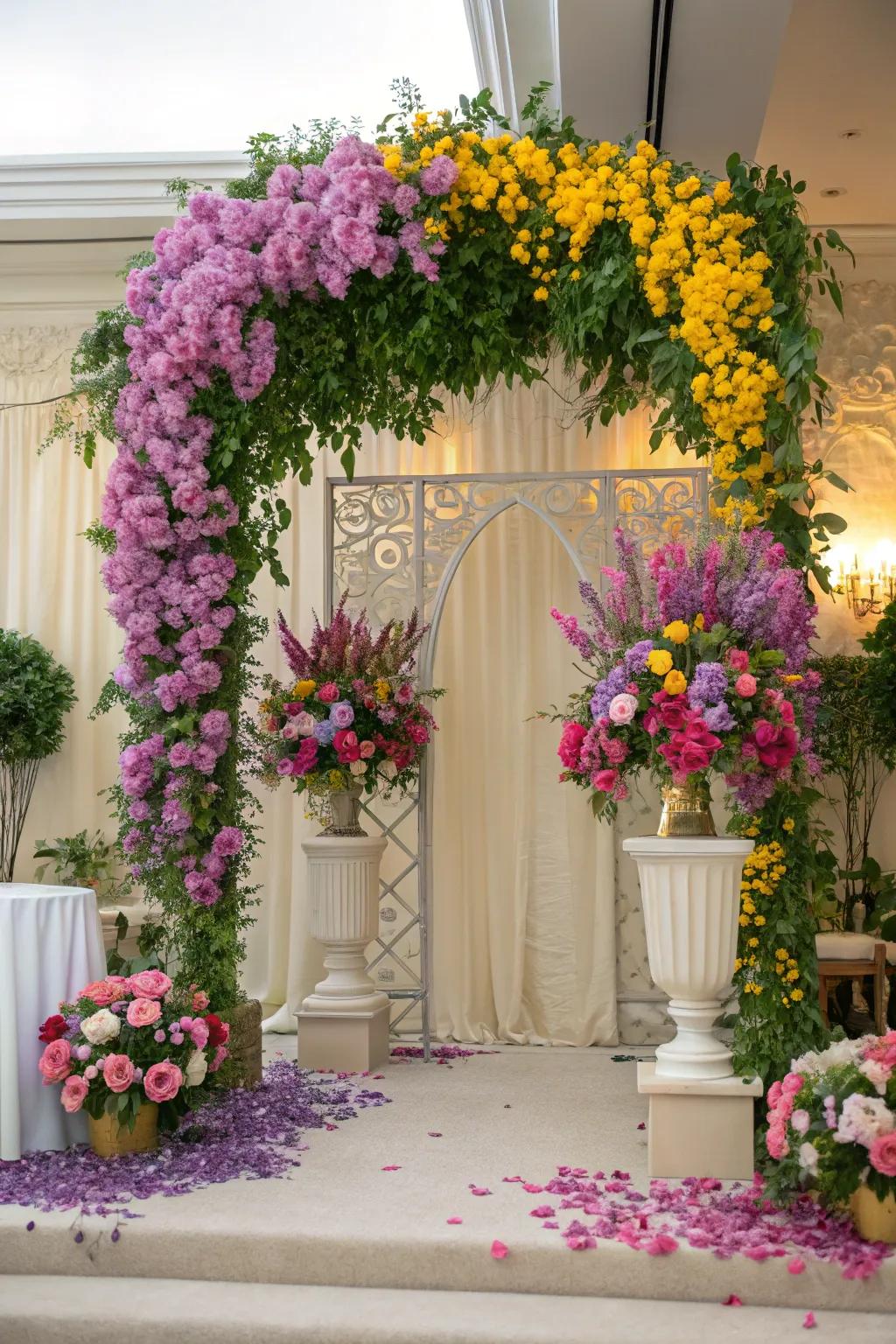 A lush floral display backdrop that creates a blooming oasis.
