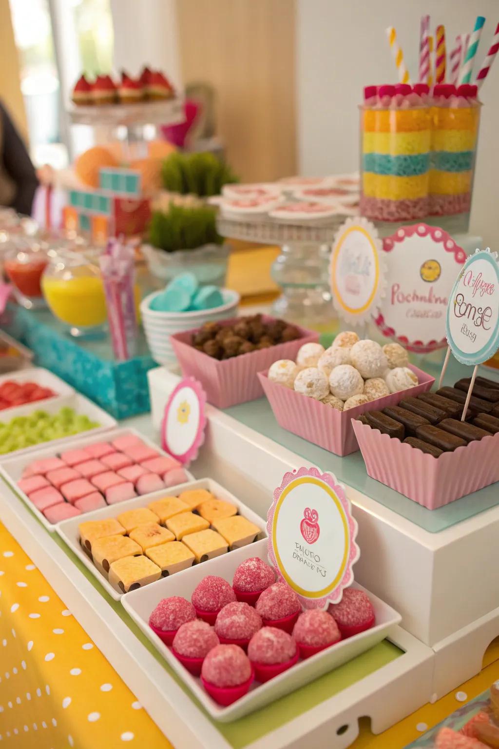 A personalizable treat station brings a sweet element to any Sweet 16 celebration.