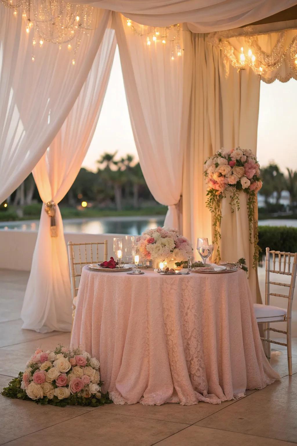 A romantic sweetheart table embellished with elegant drapery and delicate textiles.
