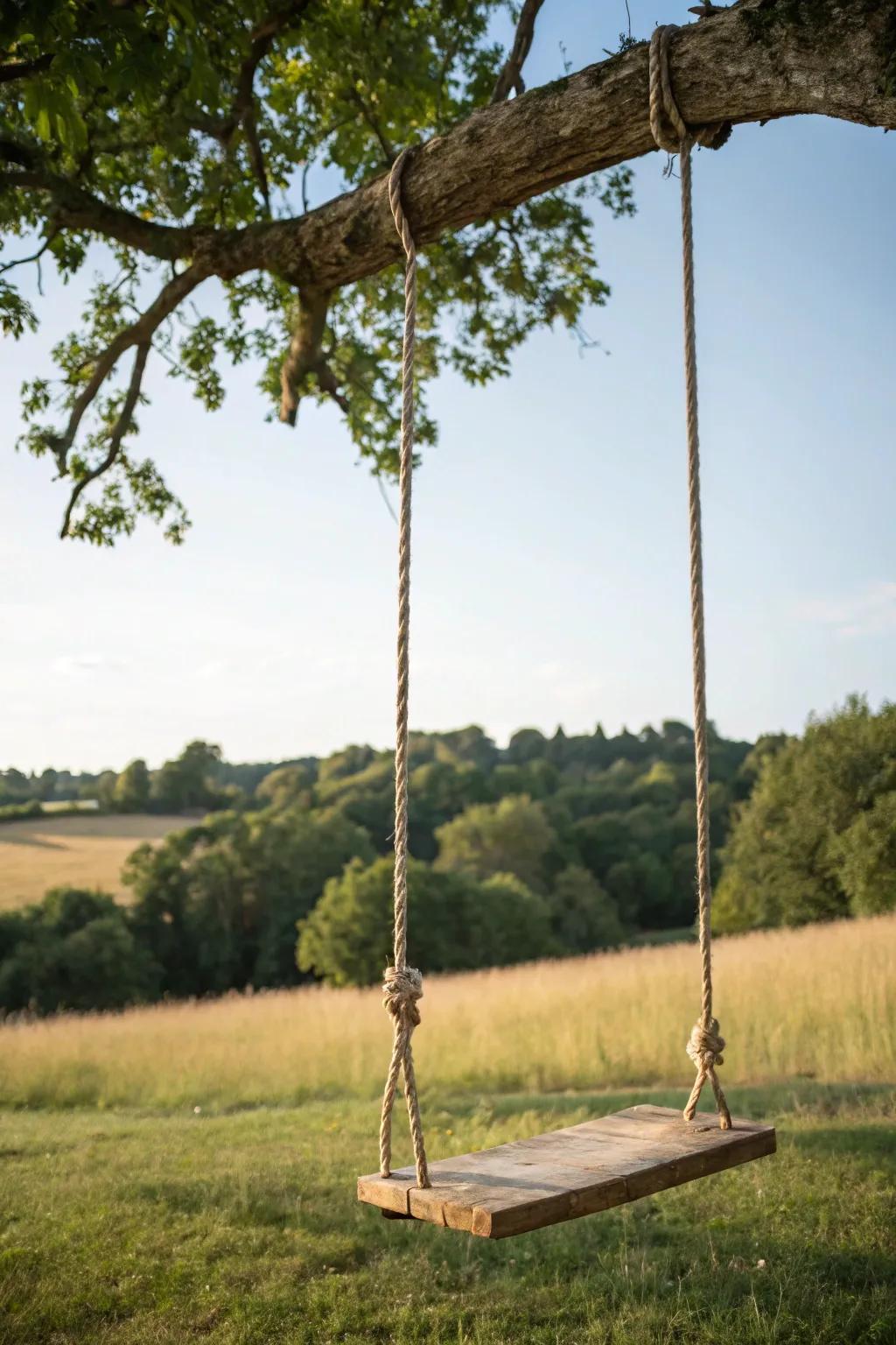 A traditional corded swing beckons you to relive childhood delights.