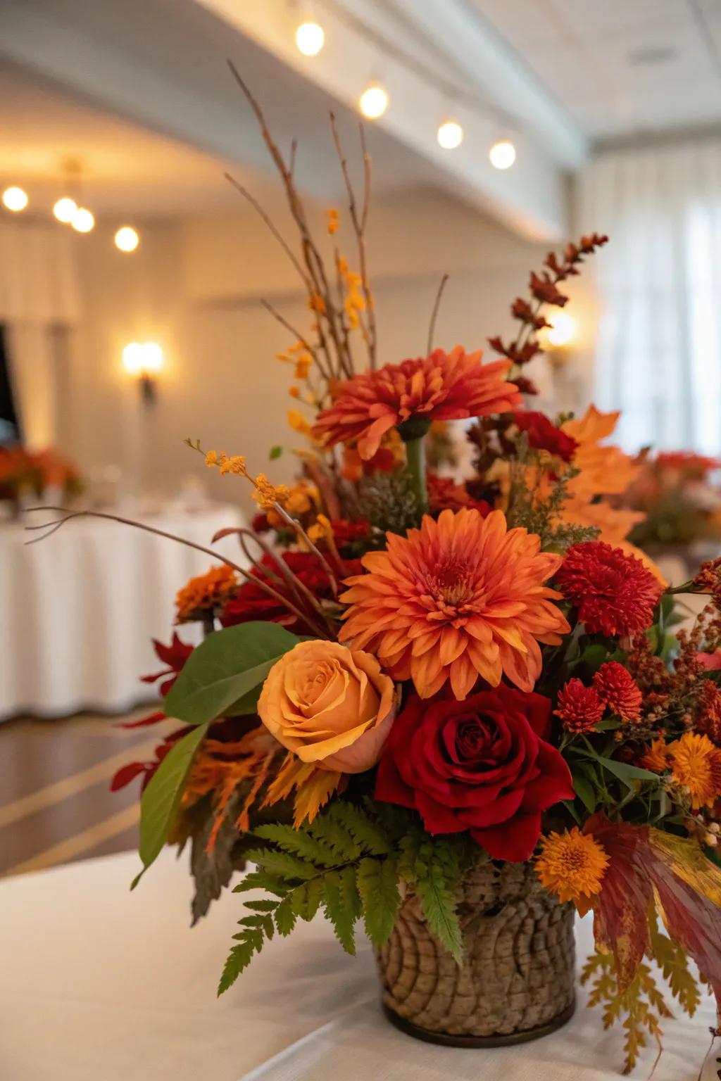 A seasonal flower centerpiece capturing autumn's warm shades.