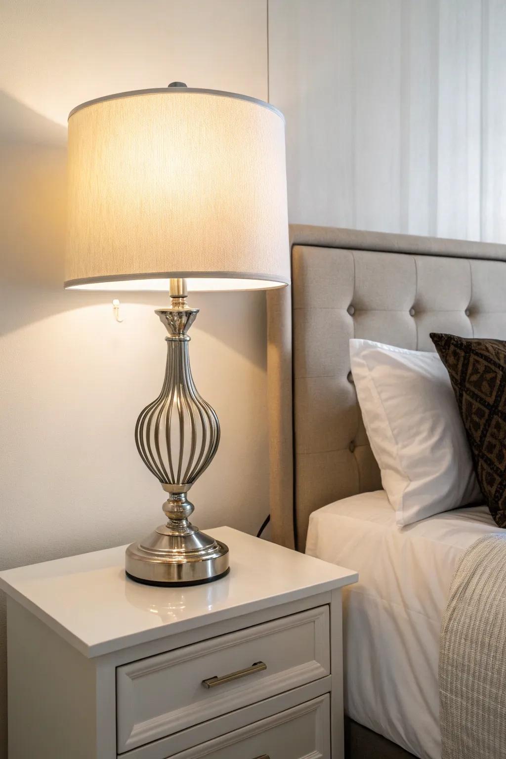 A streamlined modern table lamp adds minimalist elegance to a bedroom setting.