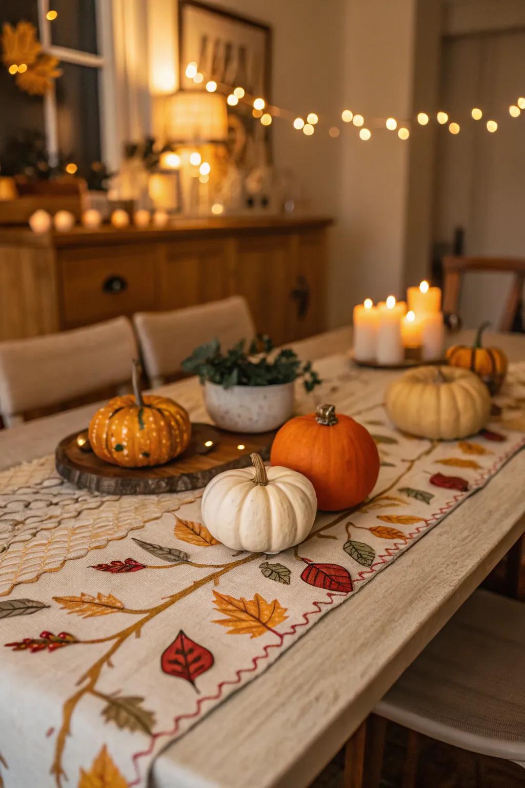 A seasonal table runner styled with pumpkins for a festive autumn feast.