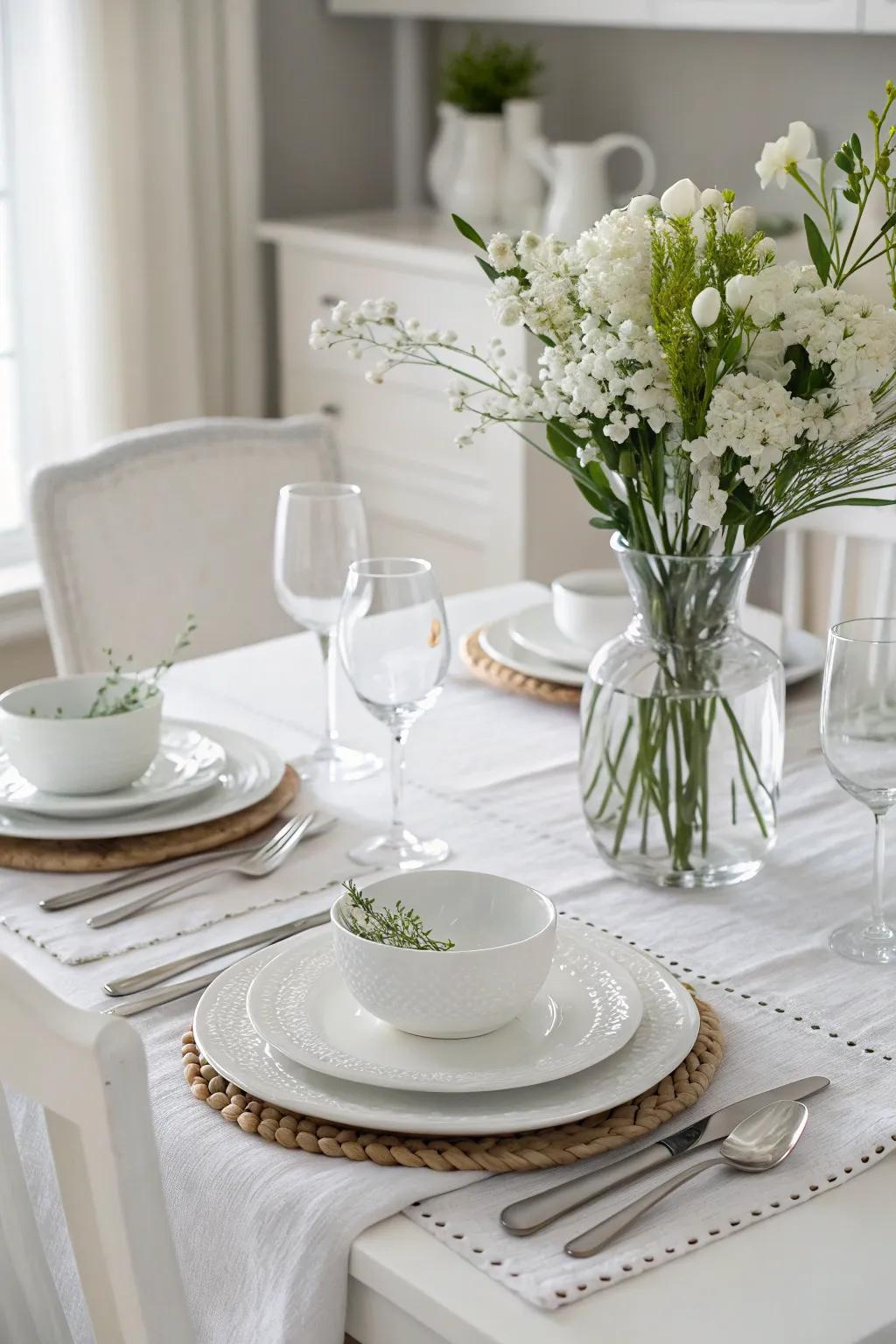 A serene table arrangement showcasing a monochrome pristine palette.