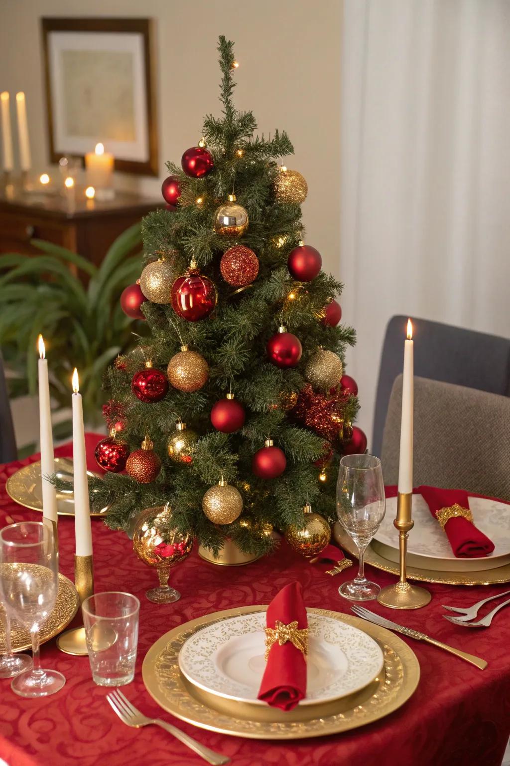 A tabletop Christmas tree with a classic red and gold theme radiates warmth and sophistication.
