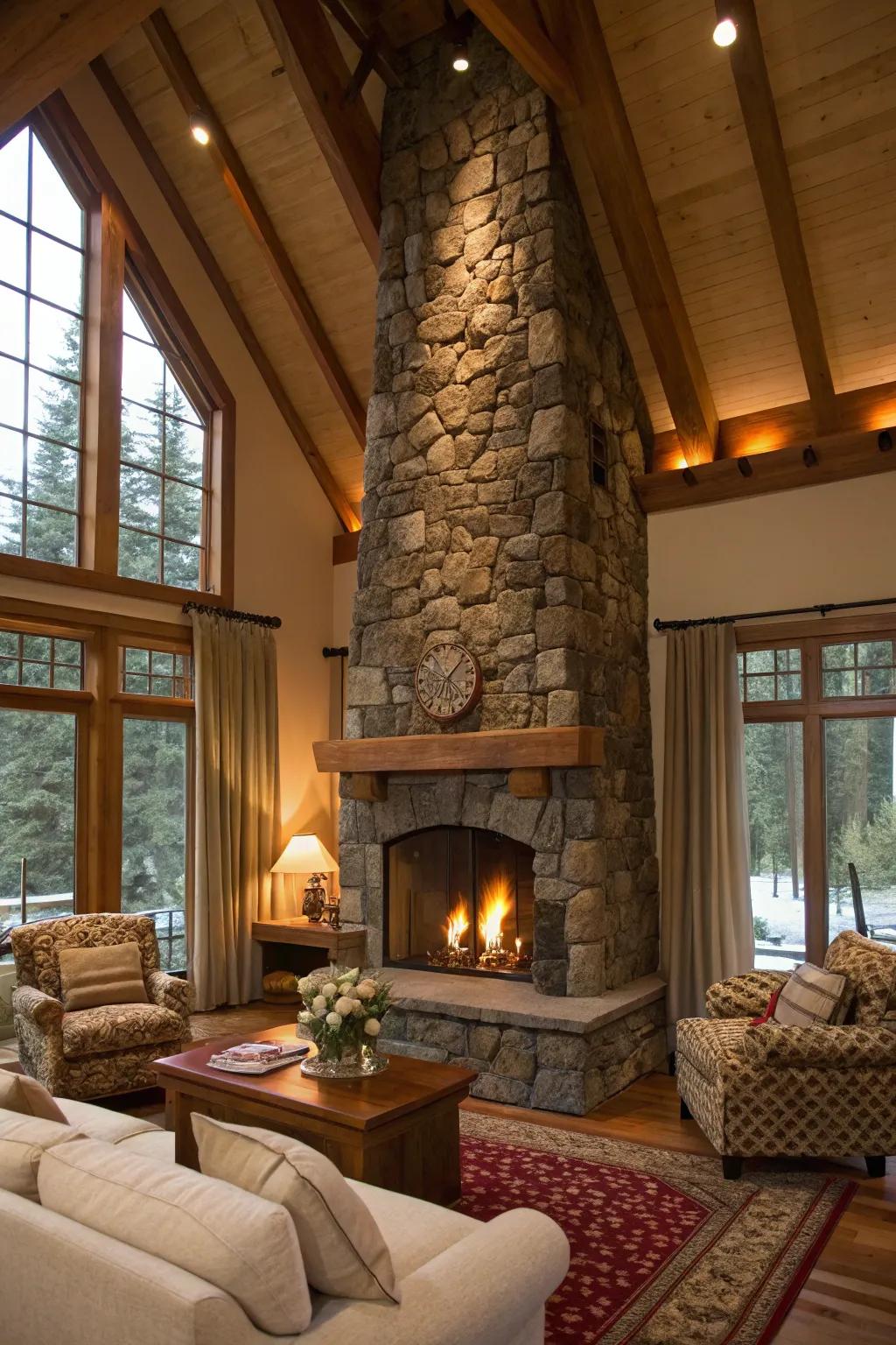 Using natural materials, such as stone, adds warmth and texture to a fireplace.