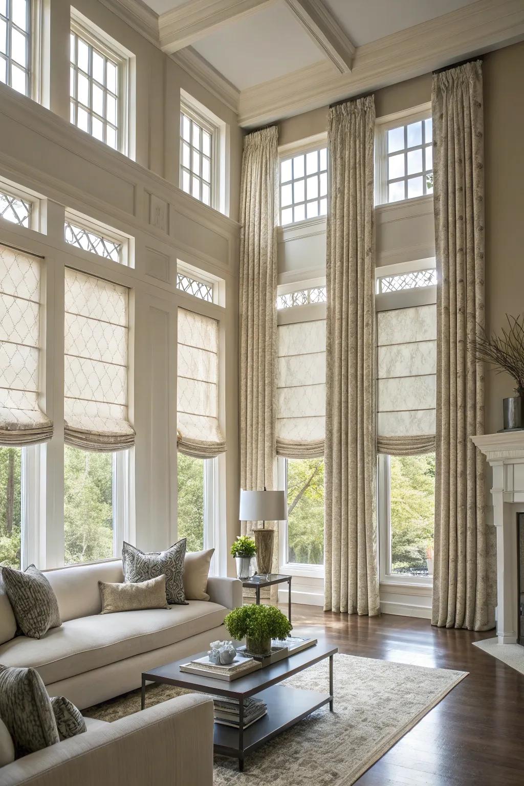 Fabric shades lending a sophisticated flair to grand windows.