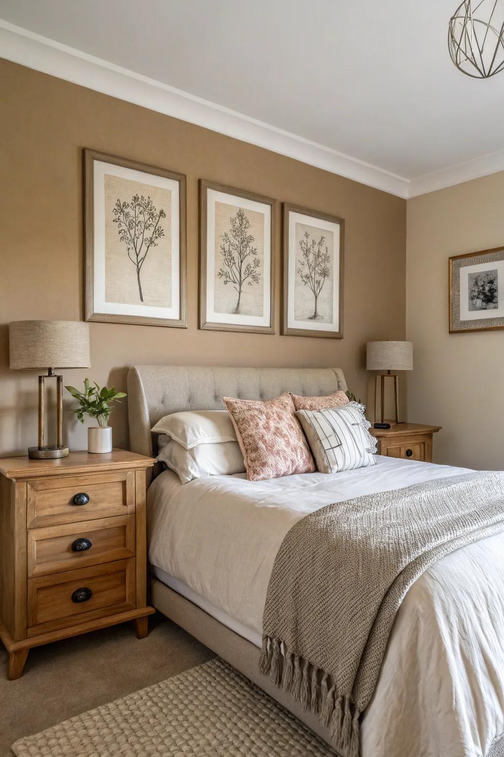 A beige feature surface introduces magnitude and elegance into the bedroom.