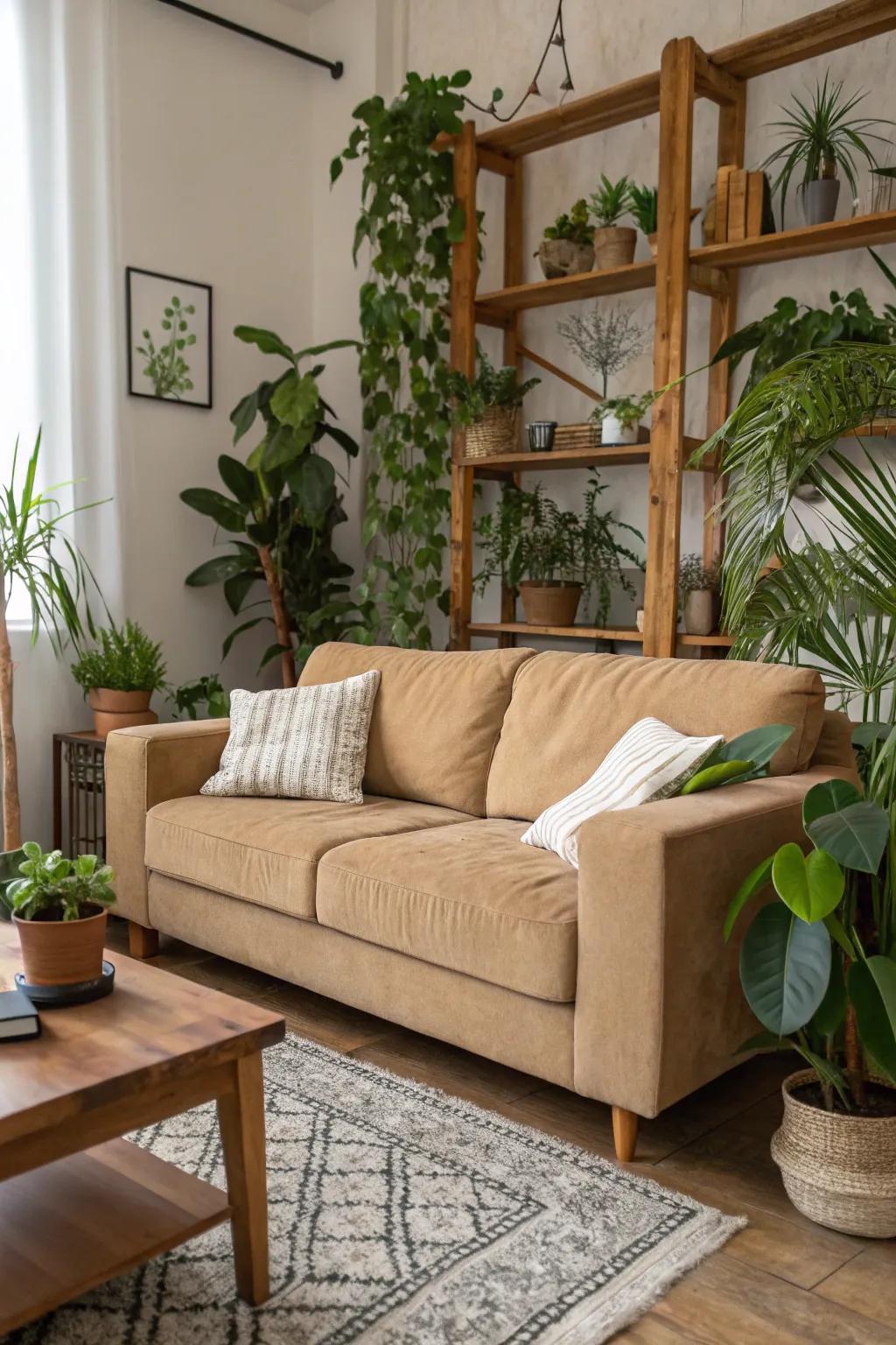 Natural elements like foliage and wood bring a cozy and lively touch.