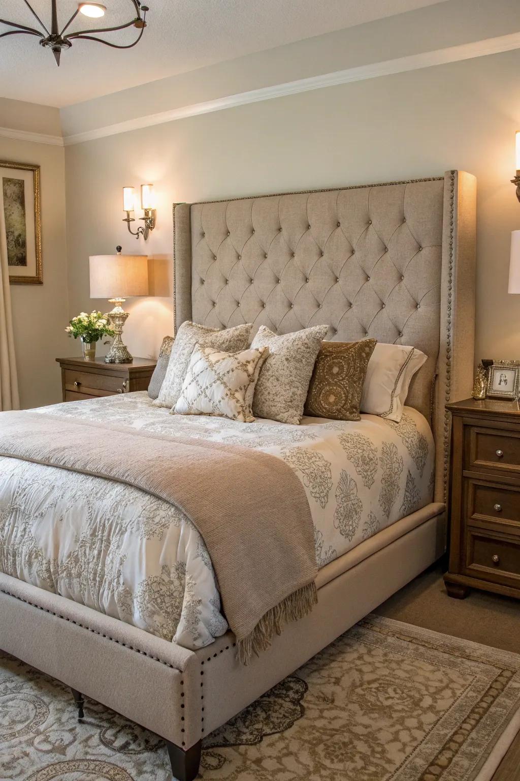 An elegant taupe upholstered headboard taking center stage in the bedroom.