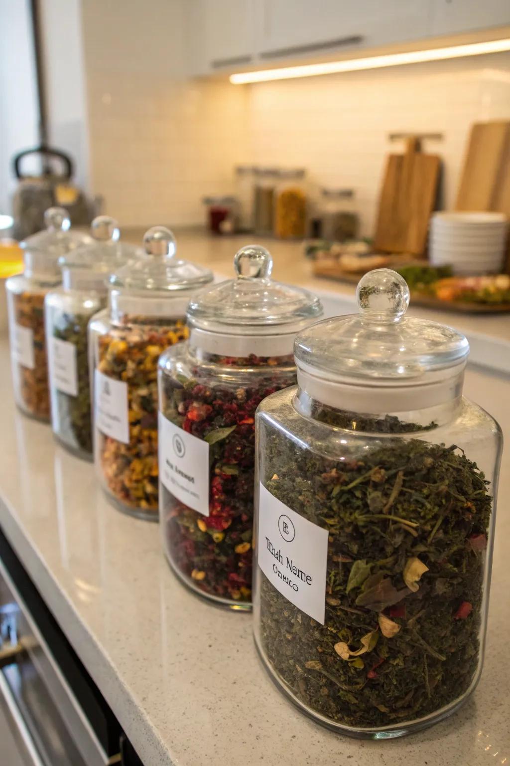 Glass vessels brimming with vibrant loose leaf teas.