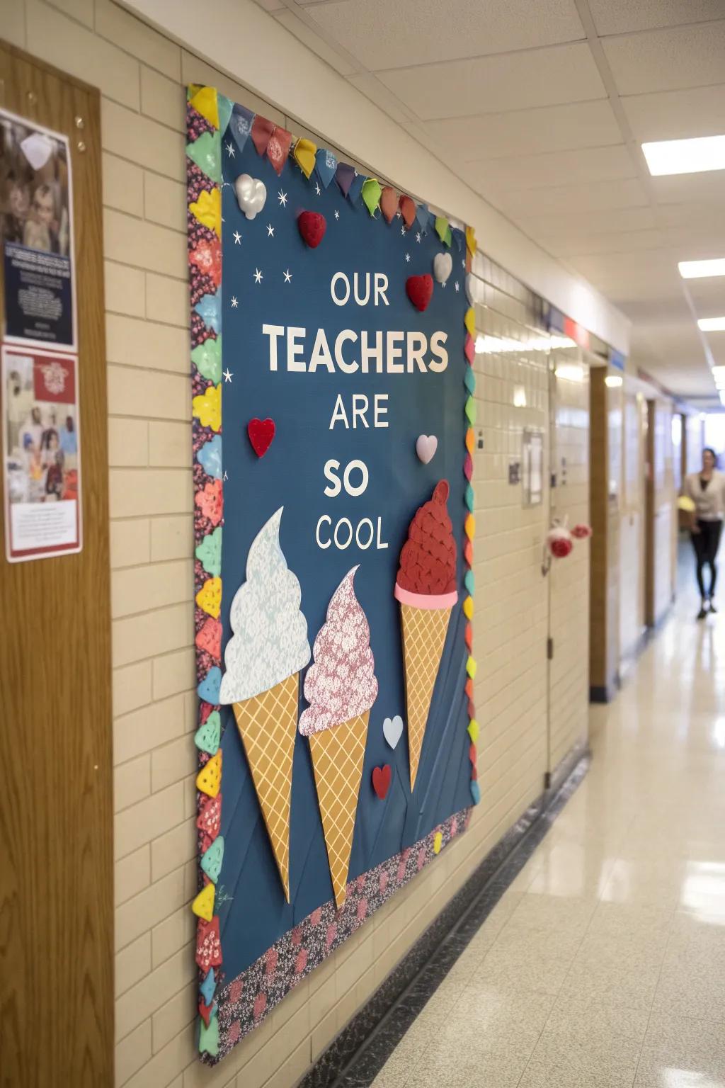 Ice cream-themed board celebrating how cool teachers are.
