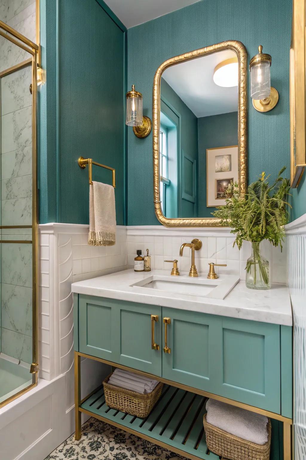 Incorporate an element of luxury by using seafoam and golden details.