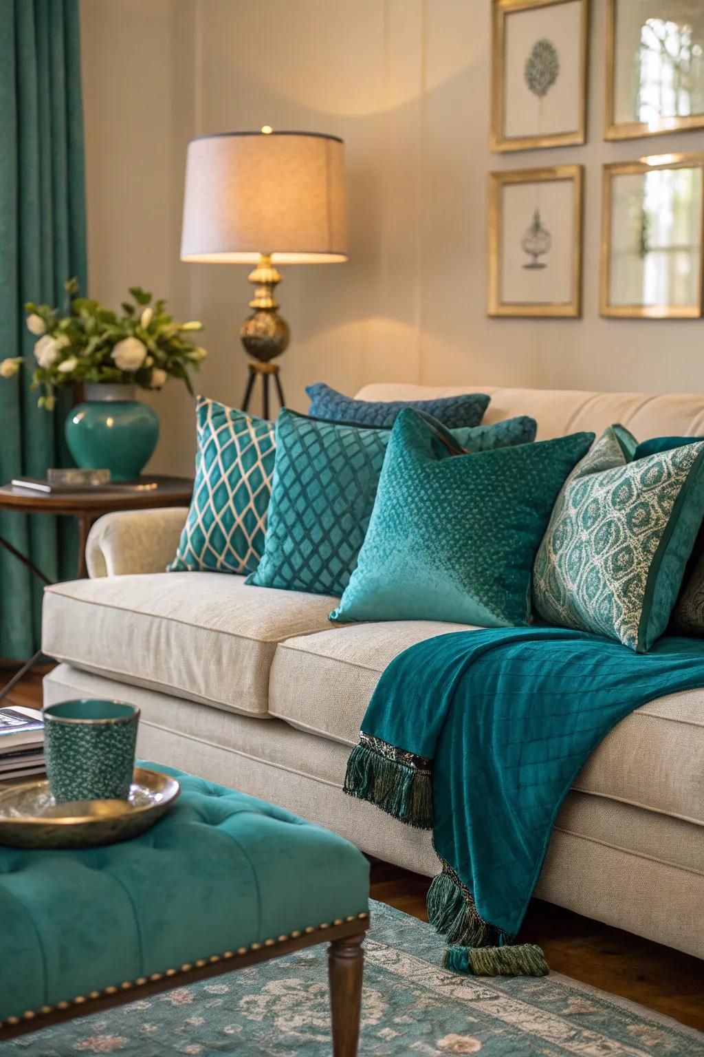 Layered fabrics in teal and turquoise introduce warmth and intrigue.