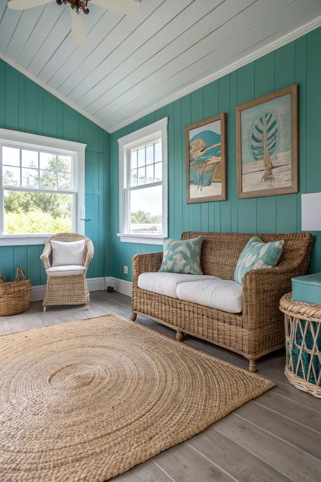 Shoreside-inspired design with aqua walls and raw textures.