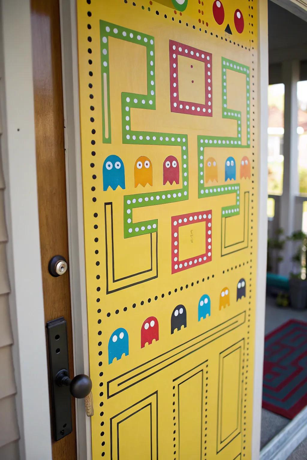 A door showcasing a lively and engaging arcade game maze design.