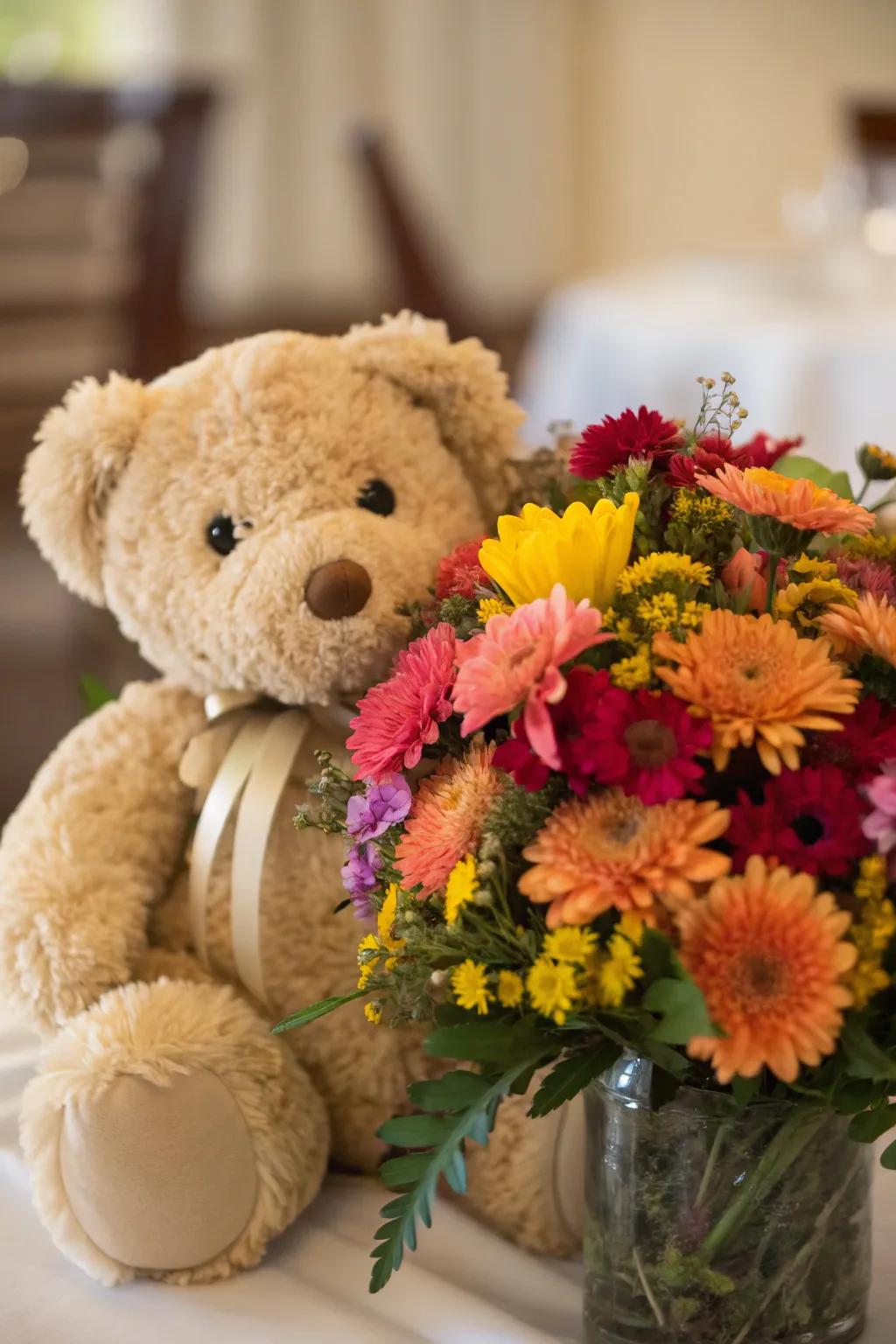 Flower decorations infuse sophistication into a plush companion centerpiece.