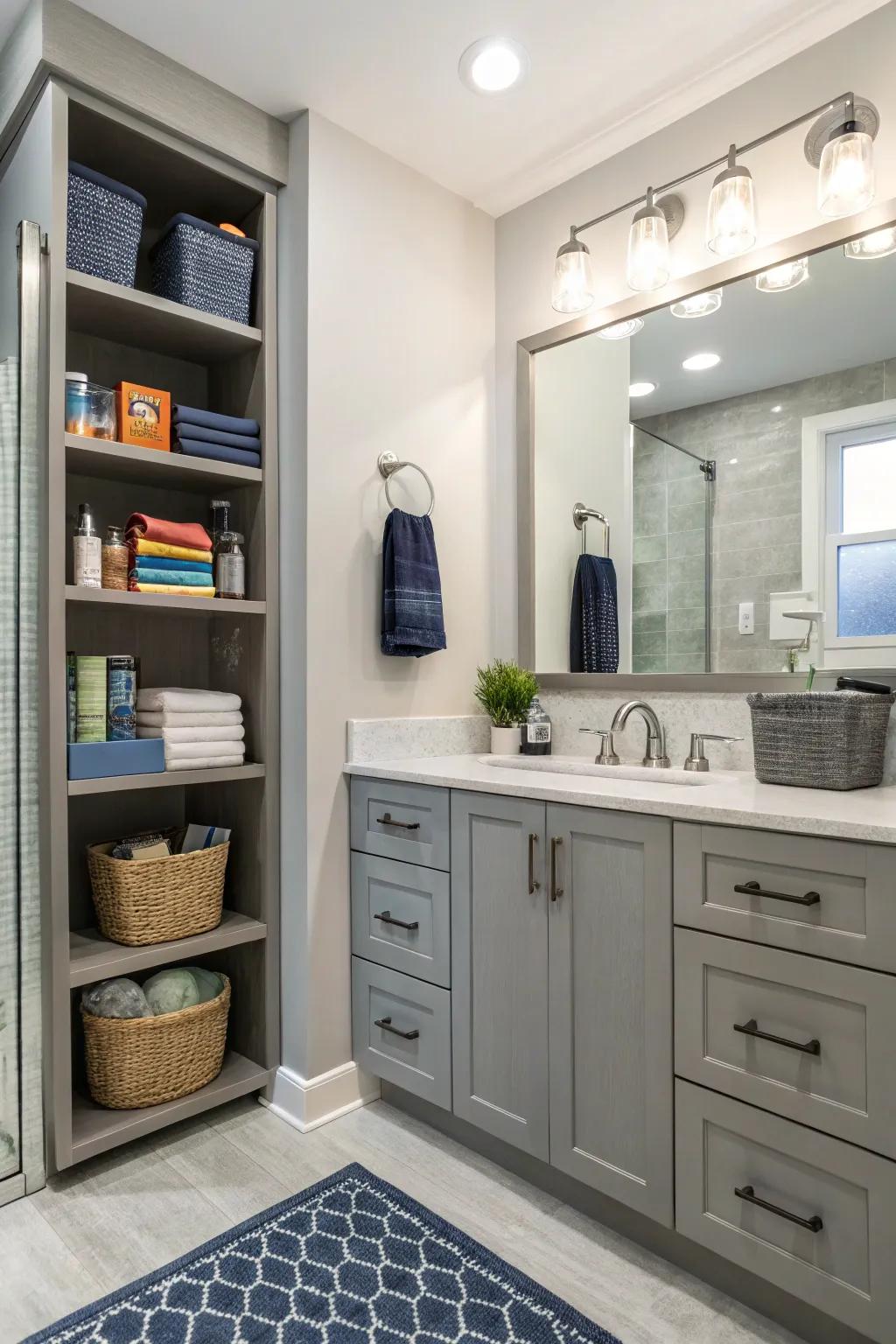 Efficient organization keeps a bathroom orderly and tidy.
