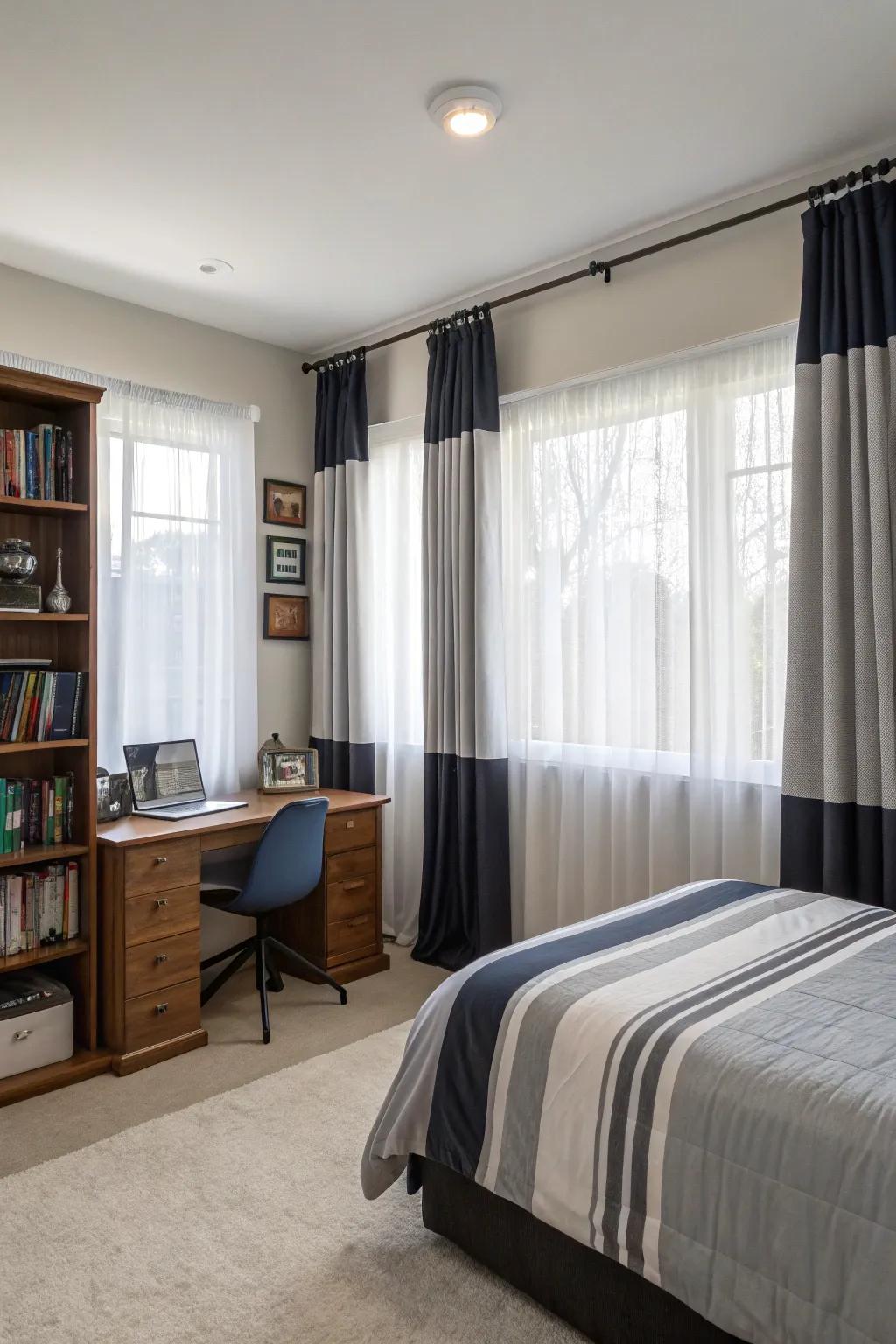 Layered shades offer adaptable light and privacy options.