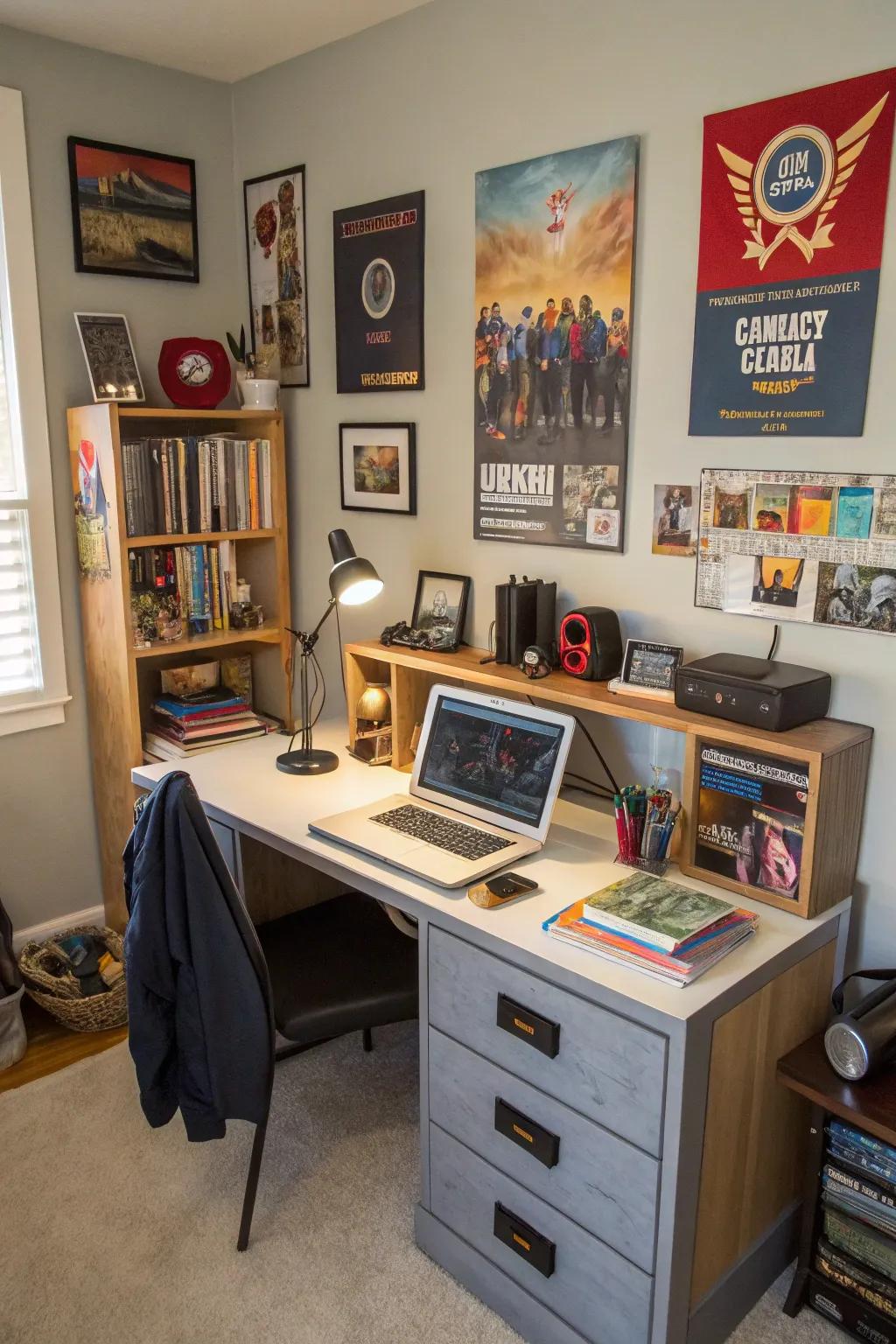 A teen boy's room with a tech-friendly desk and built-in charging solutions.