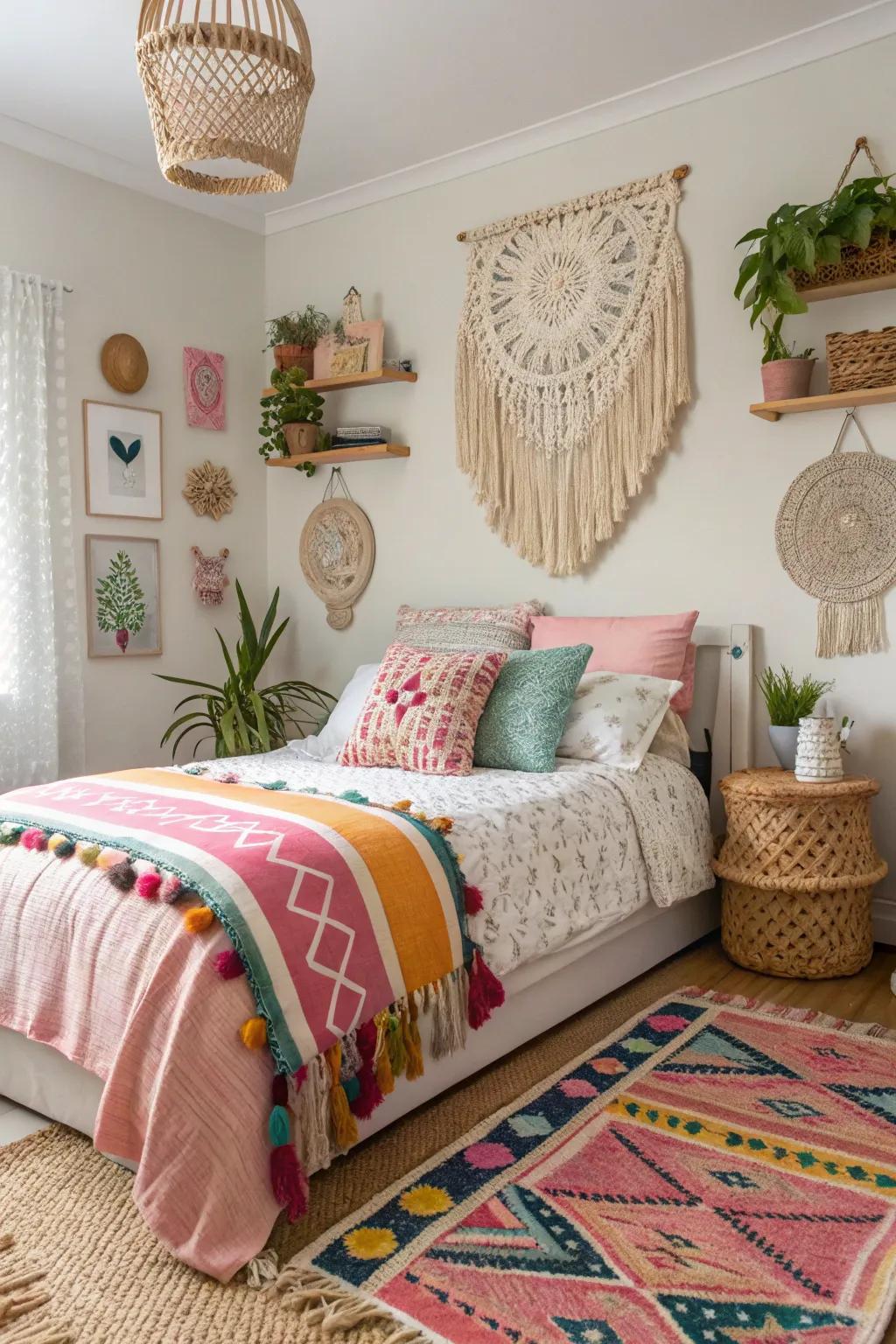 A bohemian-inspired teen girl's bedroom rich with textures and diverse decor.