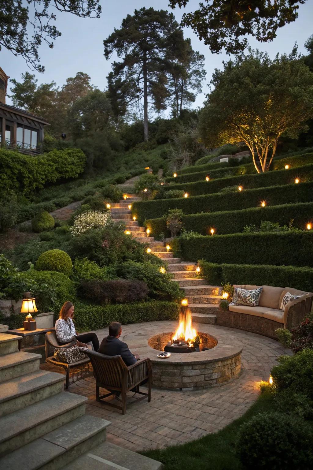 A central fire pit in a terraced garden, creating a warm and inviting atmosphere.