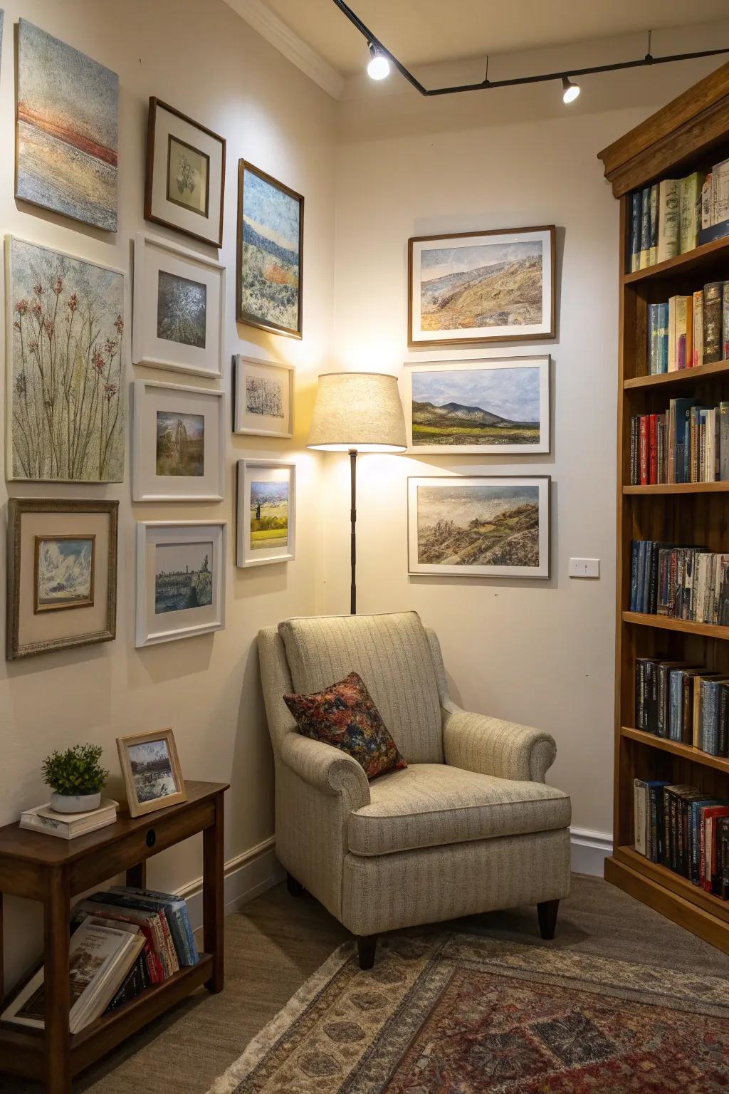 Mini textured paintings contribute charm and personality to this welcoming reading space.