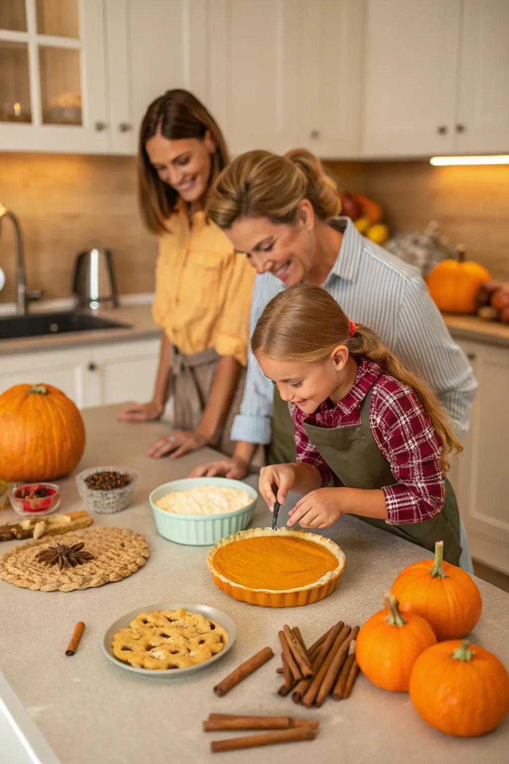 A family preparing Thanksgiving sweets together, encircled by seasonal ingredients.
