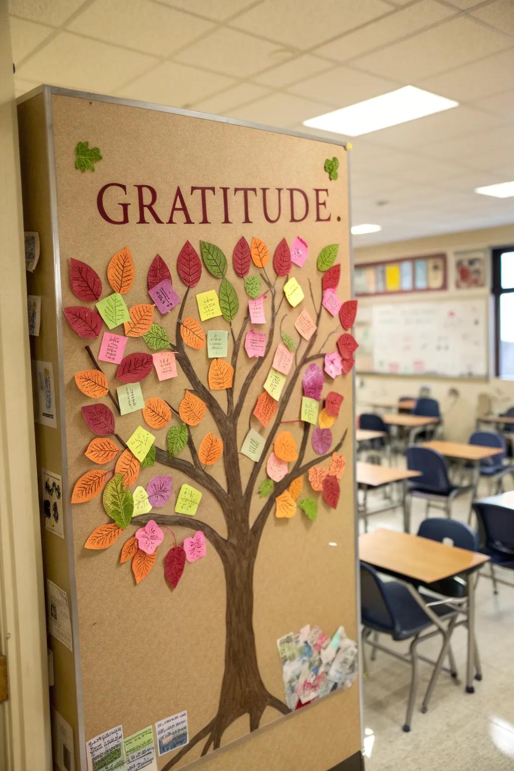 A tree of gratitude adorned with sincere notes from the children.