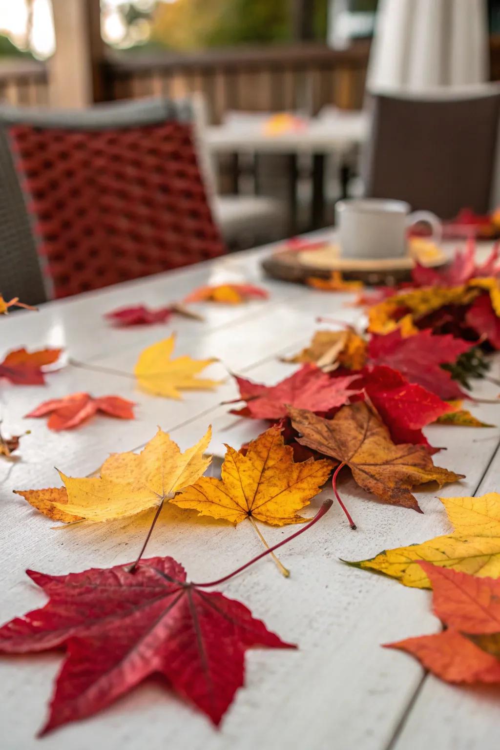 Lively autumn leaves stylishly scattered on a tabletop.