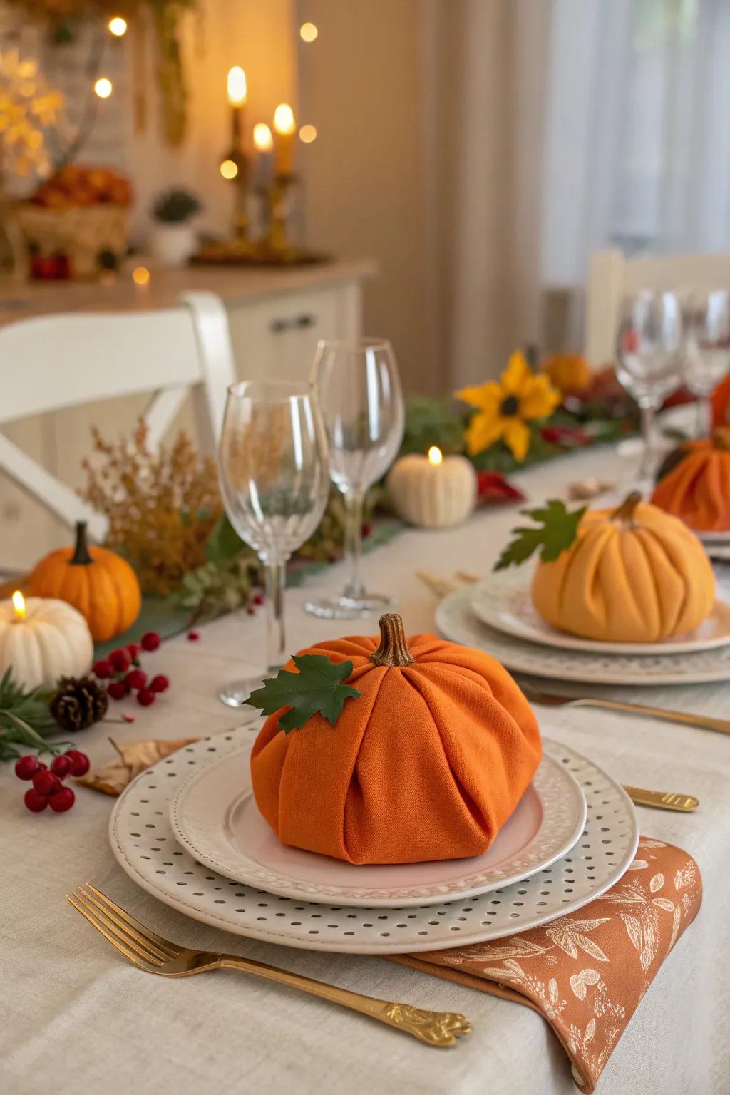 Pumpkin-shaped napkins bring a playful charm to your holiday table.