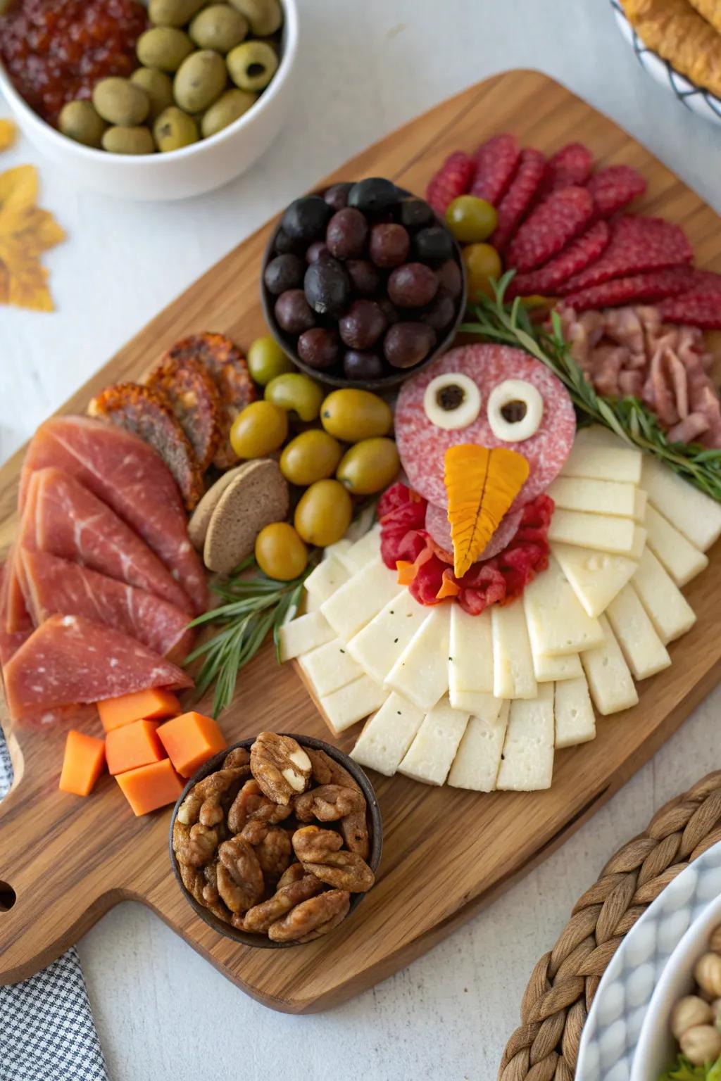 A rustic turkey-shaped charcuterie presentation for meat lovers.