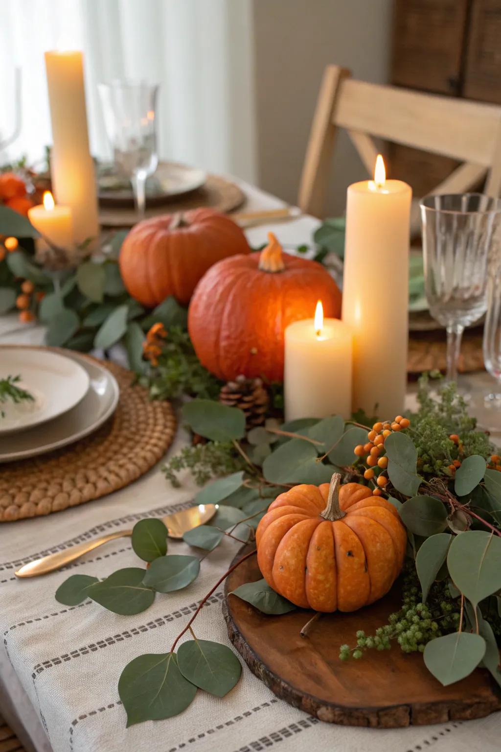 An inviting and refined pumpkin tablescape prepared for Thanksgiving.