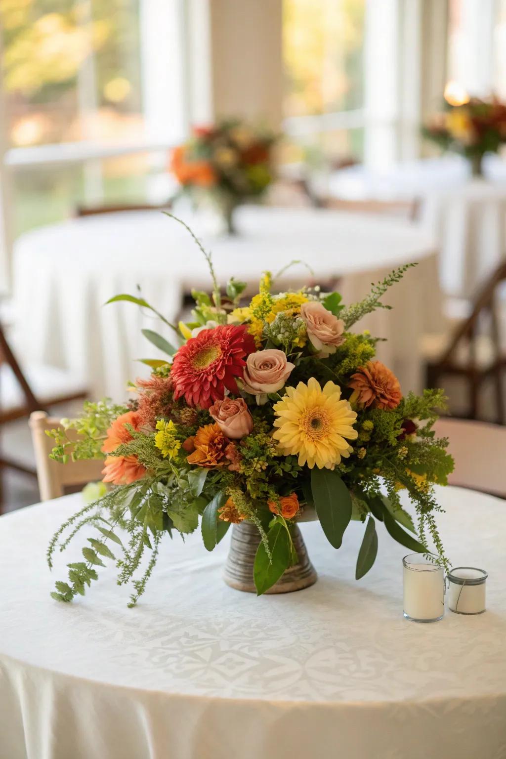 Colorful seasonal flowers brighten up the Thanksgiving table.